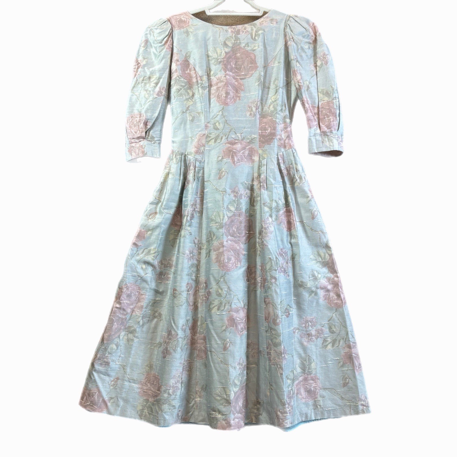 VTG 80s Floral Taffeta Dress 6 Cottage Puff Sleeve Bow Tea Party Cocktail Lanz