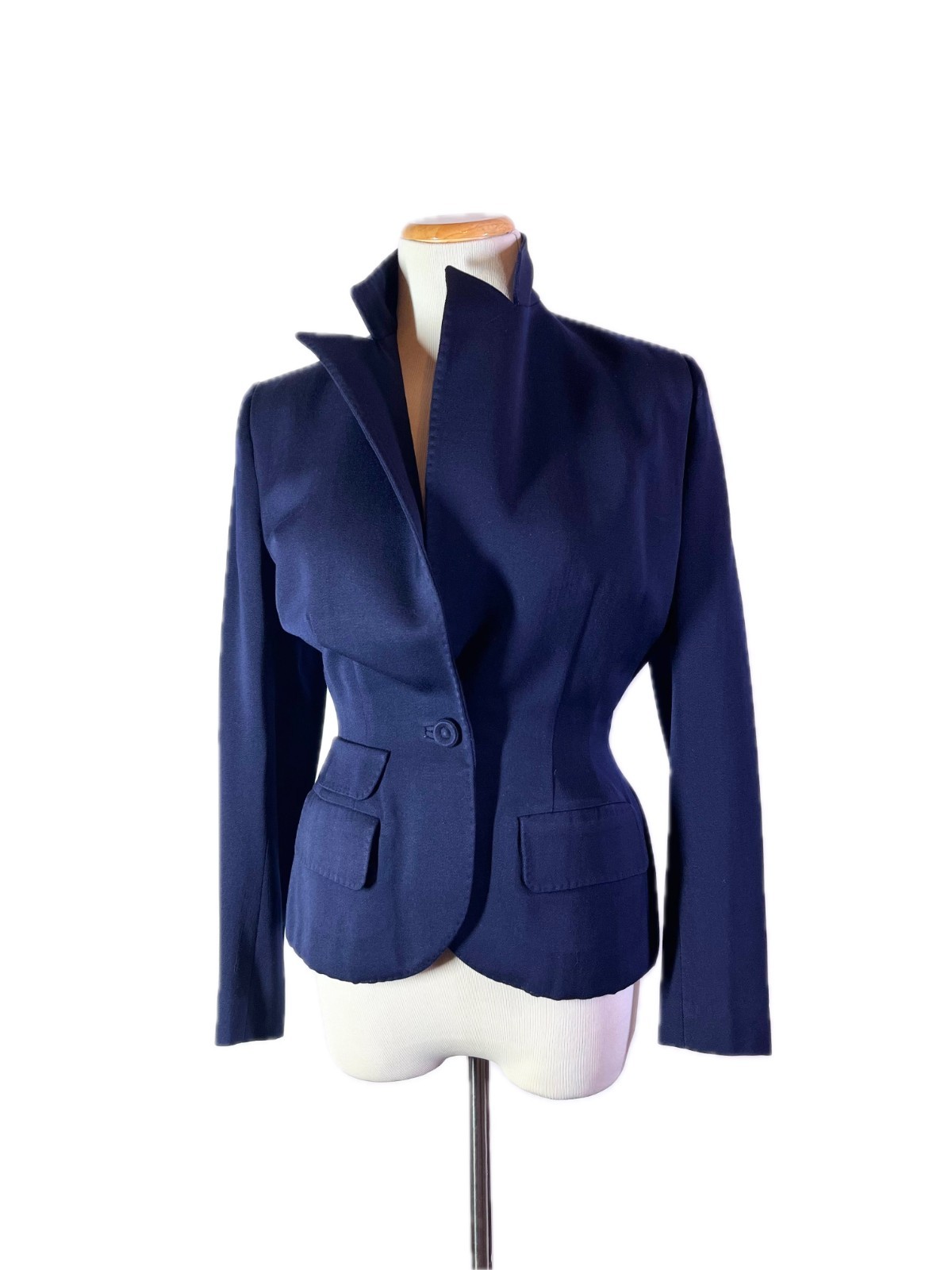 Vintage 1960s Fitted Navy Blue Blazer Jacket Shoulder Pads