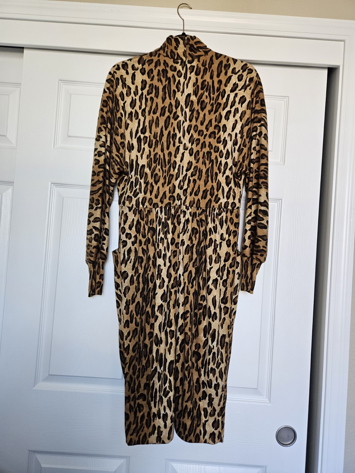 Vtg CHETTA B Animal Print Leopard Cheetah Fitted Pencil Mock Neck Dress