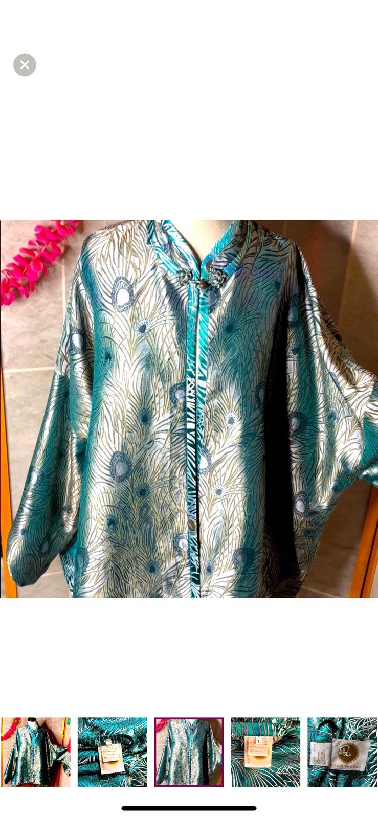 Vintage Rising Phoenix Silk Blouse I 1980s 1990s Teal Peacock KimonoStyle Top L