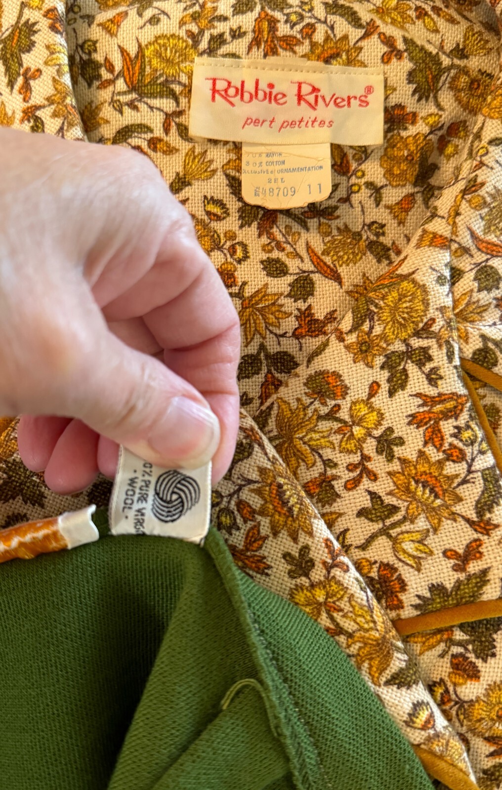 Vintage 70s Robbie Rivers Army Green, Gold, Brown Flower Jacket & Catilina Skirt