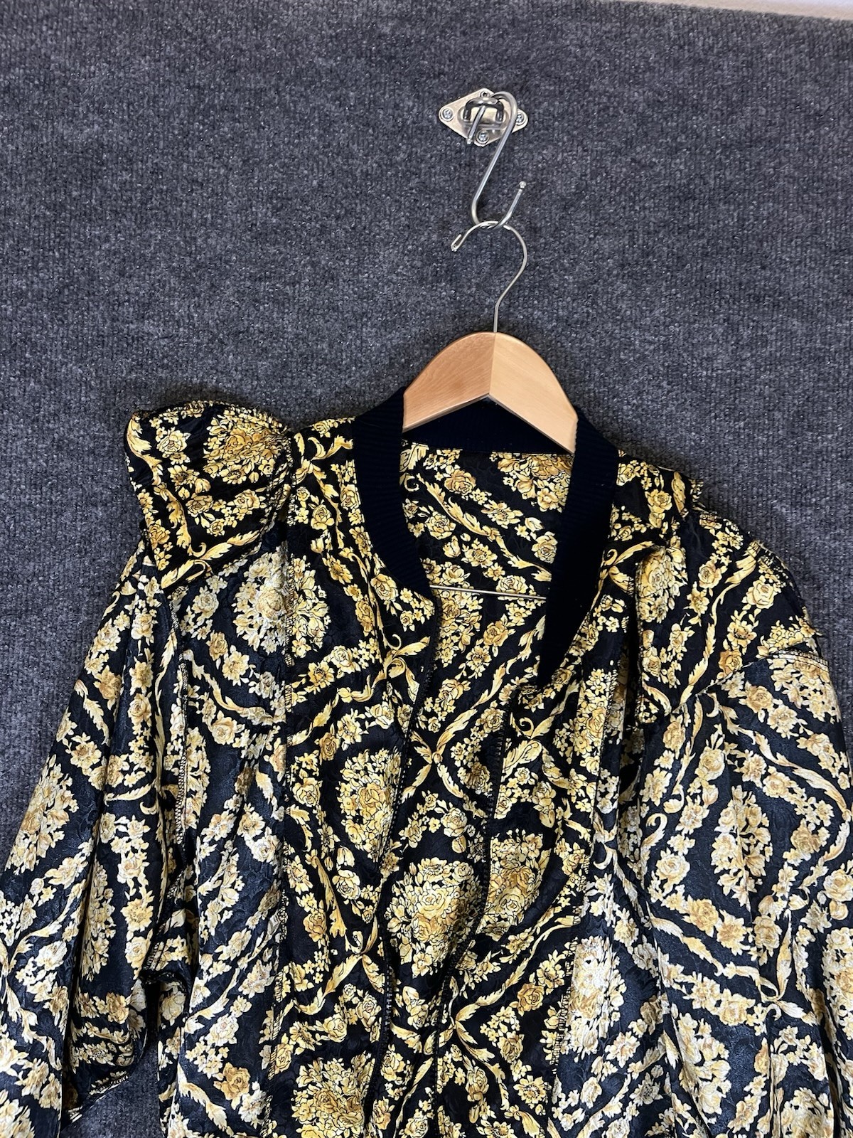 Vintage 80s 90s Papell Too Baroque Gold Floral Bomber Jacket Padded Shoulders