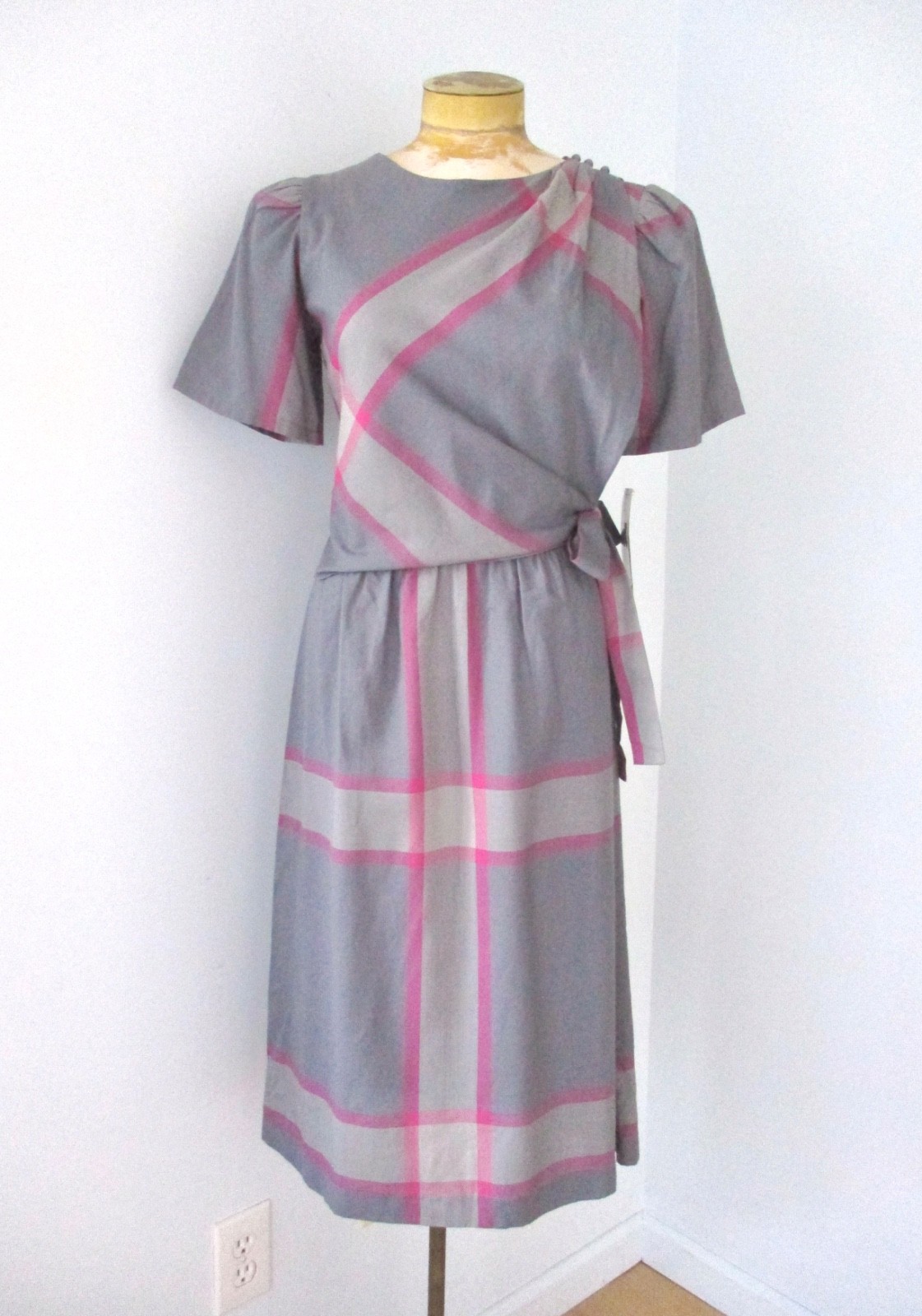 NOS w/Tags Vtg 80s Gray Pink Plaid Secretary Dress Tied Overlay Shoulder Pads 8