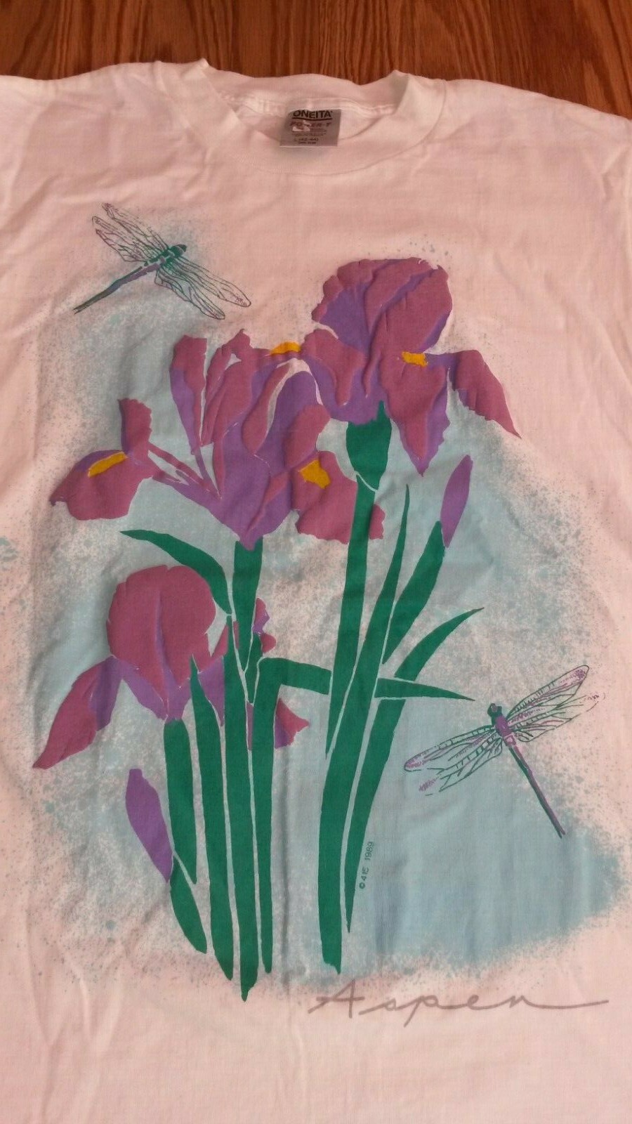 Vintage 1989 Aspen Colorado double side floral dragonfly T-shirt shirt Oneita L