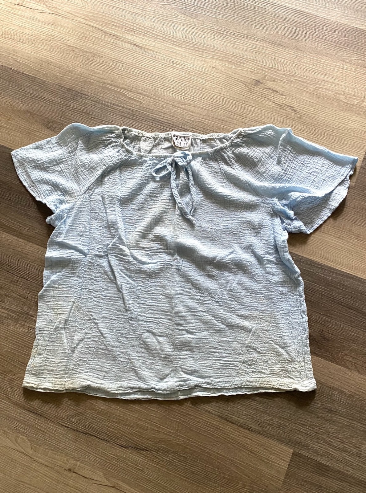 Vintage 1970s Alley Cat Baby Blue Gauzy Cotton Peasant Blouse M L