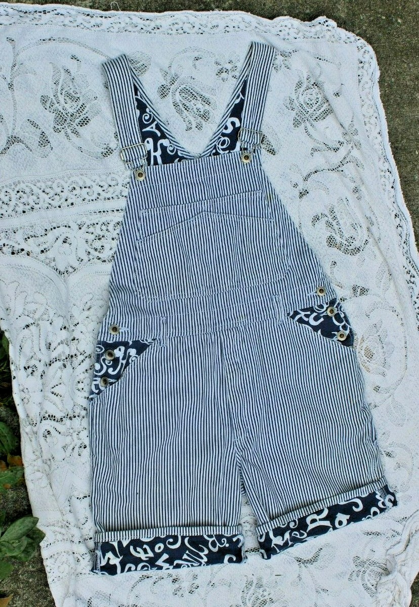 Vintage 1990’s Mixit Women’s Hickory Stripe w Alphabet Contrast Overalls Shorts