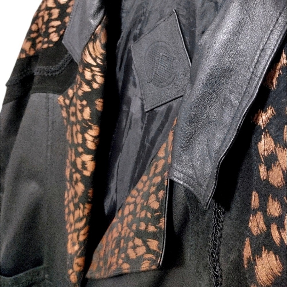 Vintage 80s JF J Ferrar Black Leopard Print Leather Suede Trench Coat Size Large
