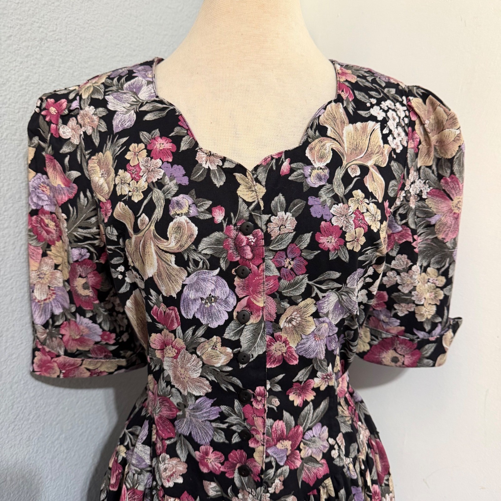 Miss Dorby Vintage 90s Floral Midi Dress L Black Purple Button Front USA Made