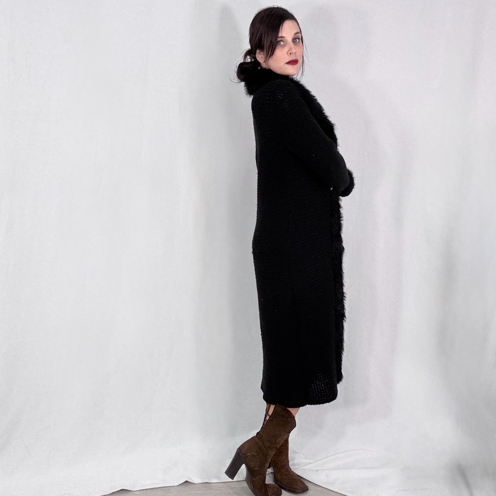 Vintage 90s Y2k Sweater Duster Faux-Fur Trim Midi Cardi Coat Knit Jacket