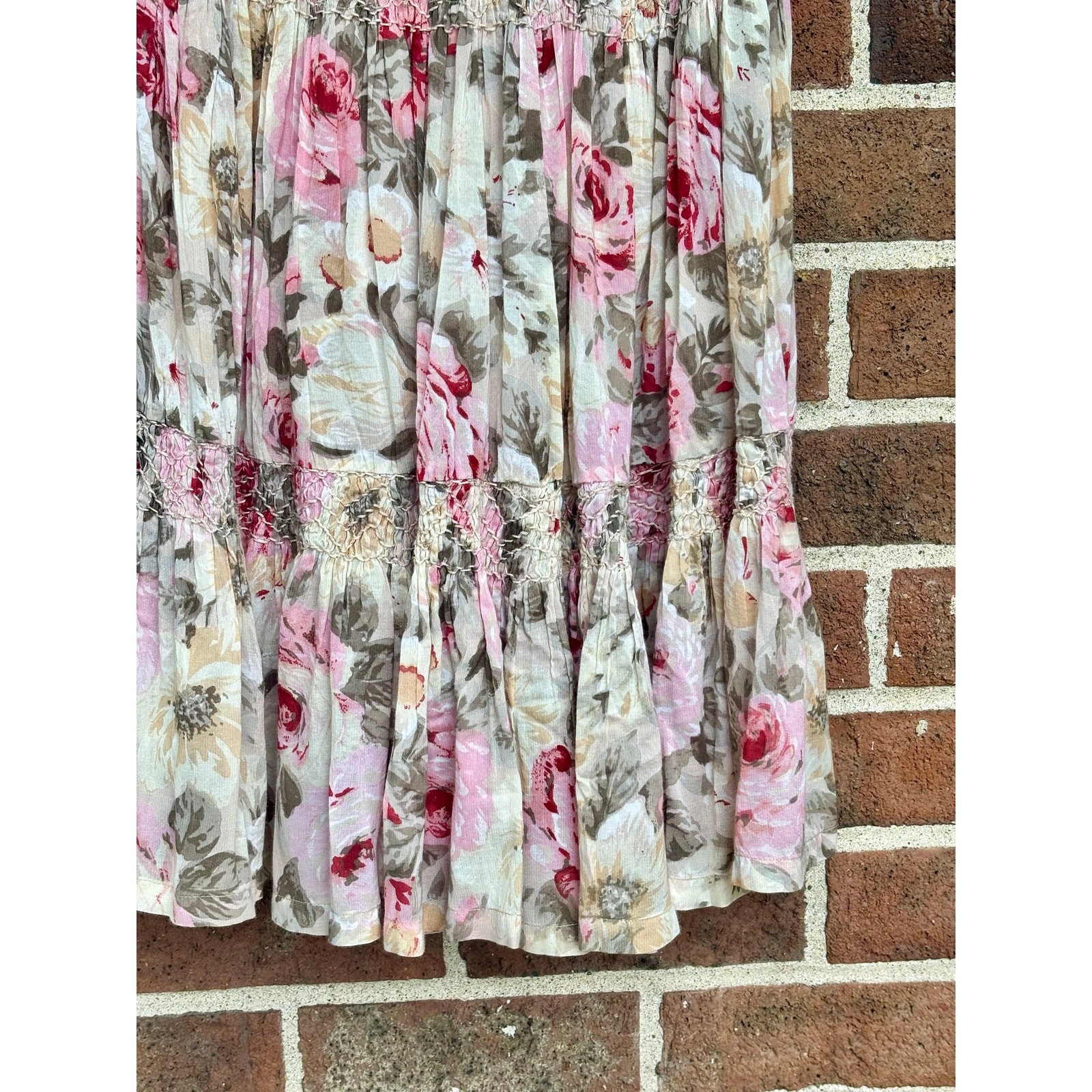 Vintage 1980s Passports Pier 1 Floral Skirt Pink Brown Rayon Cotton Boho Tiers
