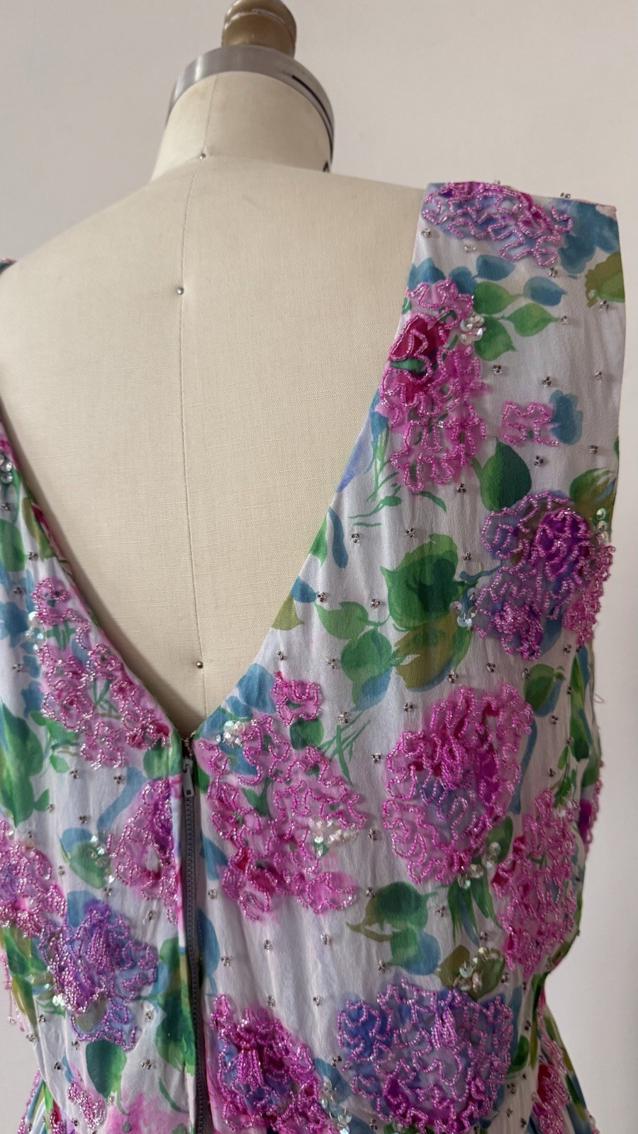 Vintage 1950s 60s Rare Designer Sara Fredericks Hand Beaded Chiffon Evening Gown