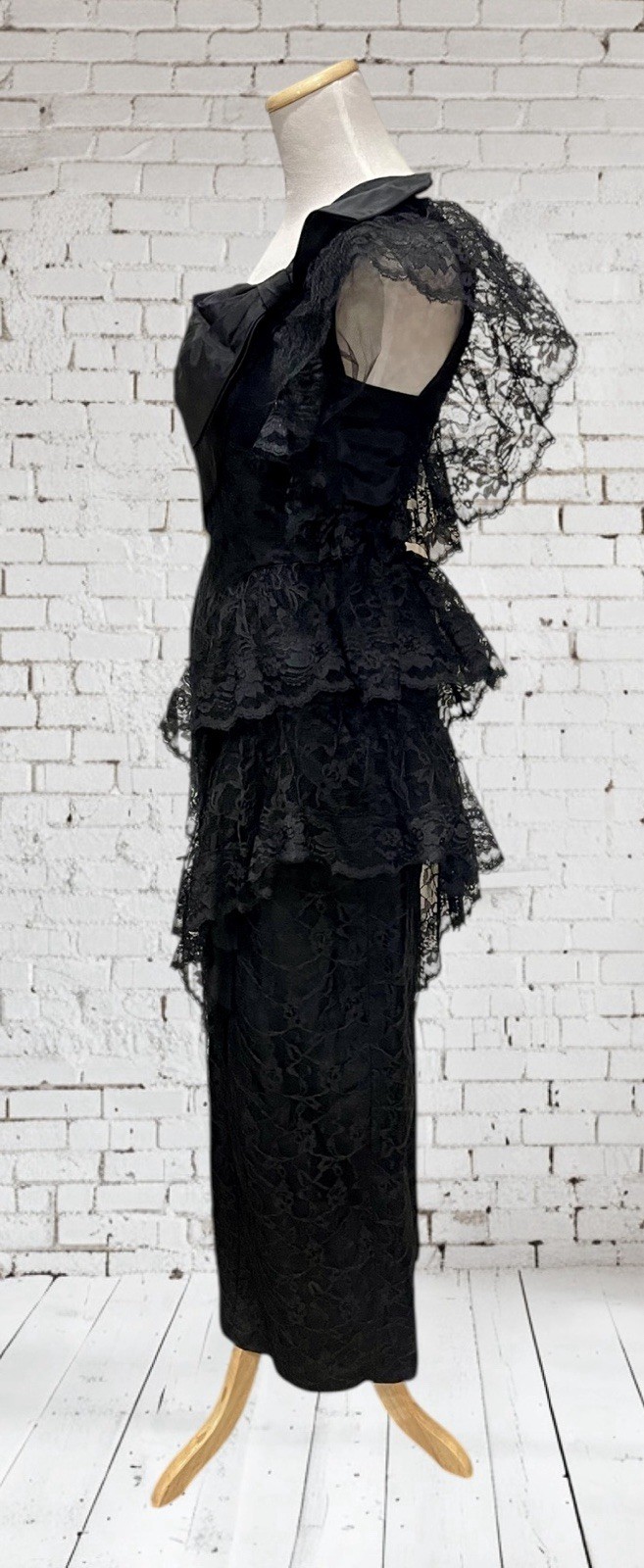 Vtg Climax Karen Okada David Howard Lace Black One Shoulder Bow Party Prom 3/4