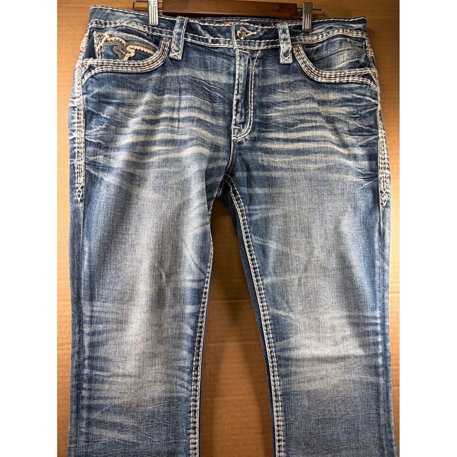 Rock Revival Hee Boot Jeans Womens 36×30 Blue Thick Stitch Flap Pocket Denim