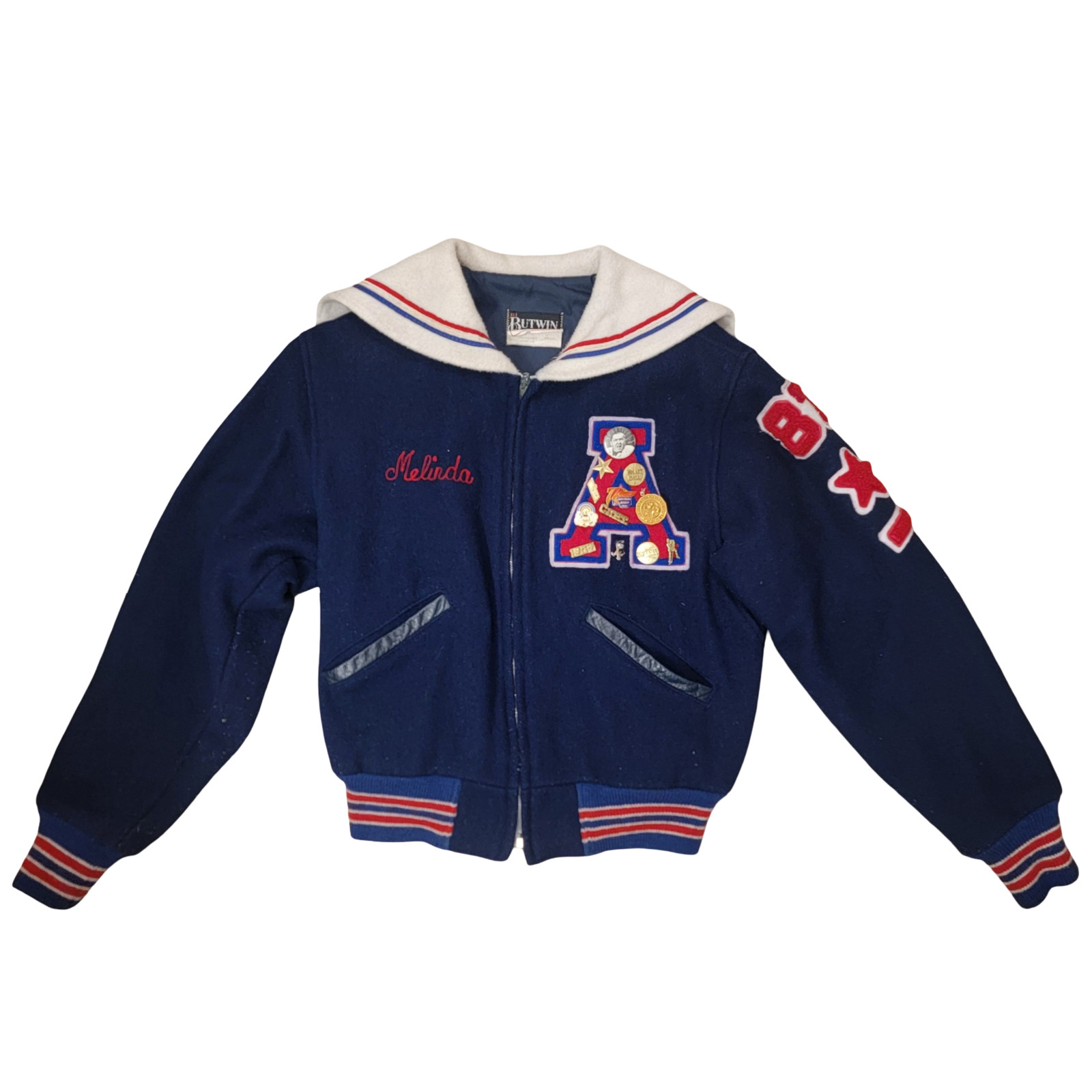Butwin Varsity Jacket Women’s Size L Navy Blue 1987 Falcons Captain Vintage