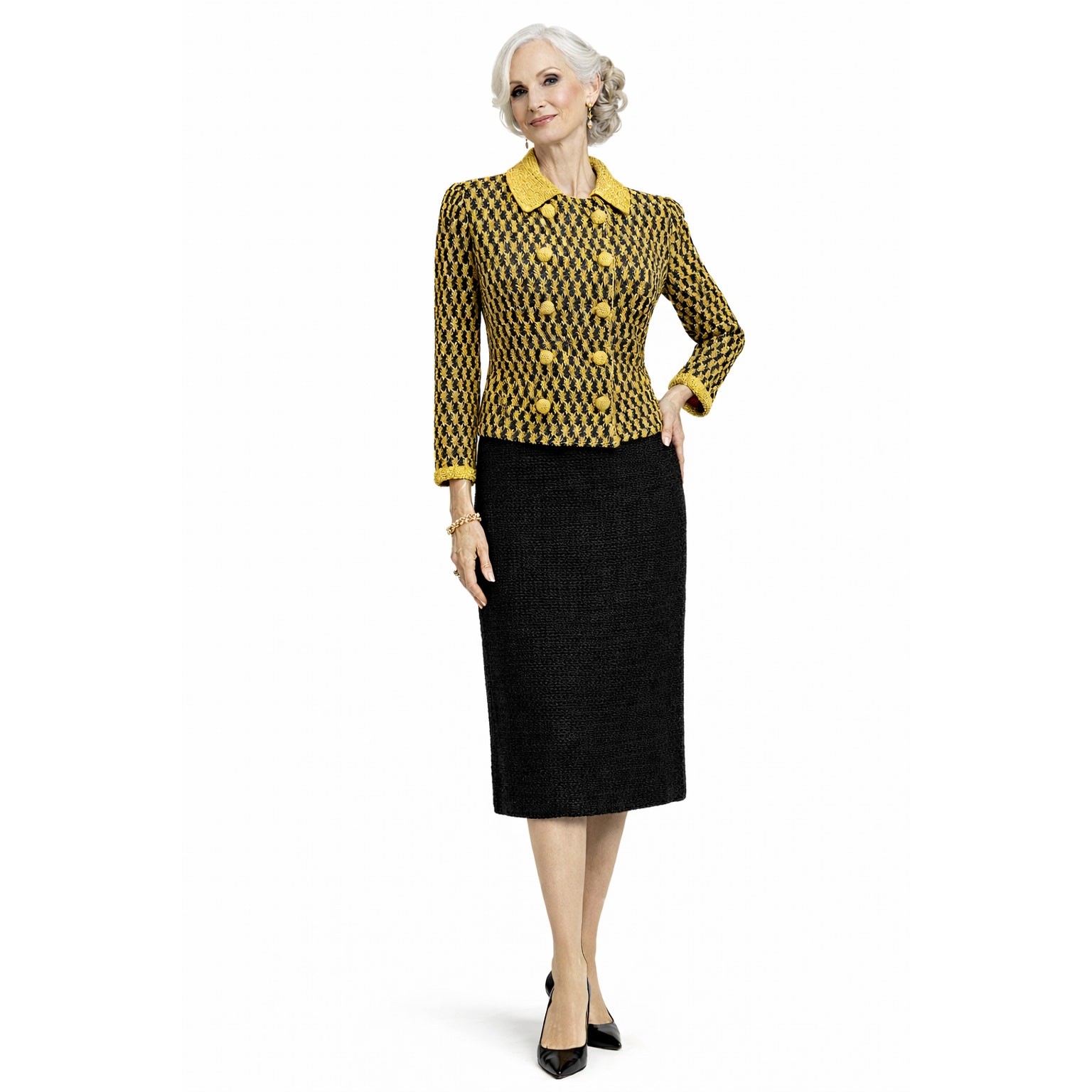 VTG 60s Philippe L Gaulier Hand Crocheted Black Gold Dress Jacket Set Mod Luxe S