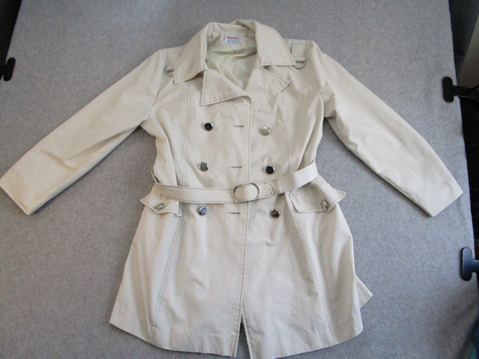 Vintage Penneys Trench Coat Womens 14 Beige Water Repellent Belted Overcoat 70s
