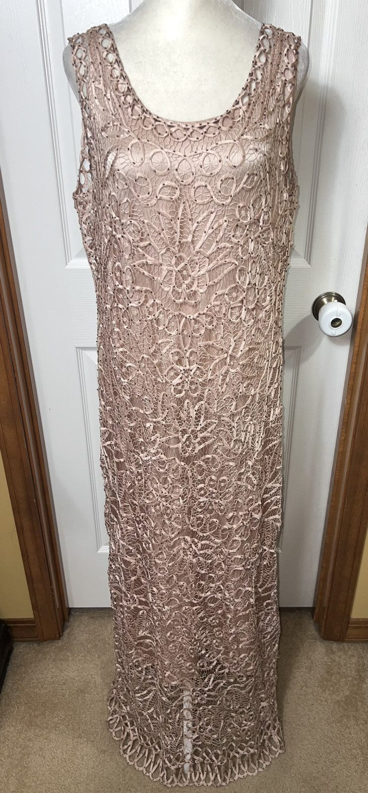 Soulmates Vintage 100% Silk Maxi Dress Gown Beaded Crochet Champagne Beige XL