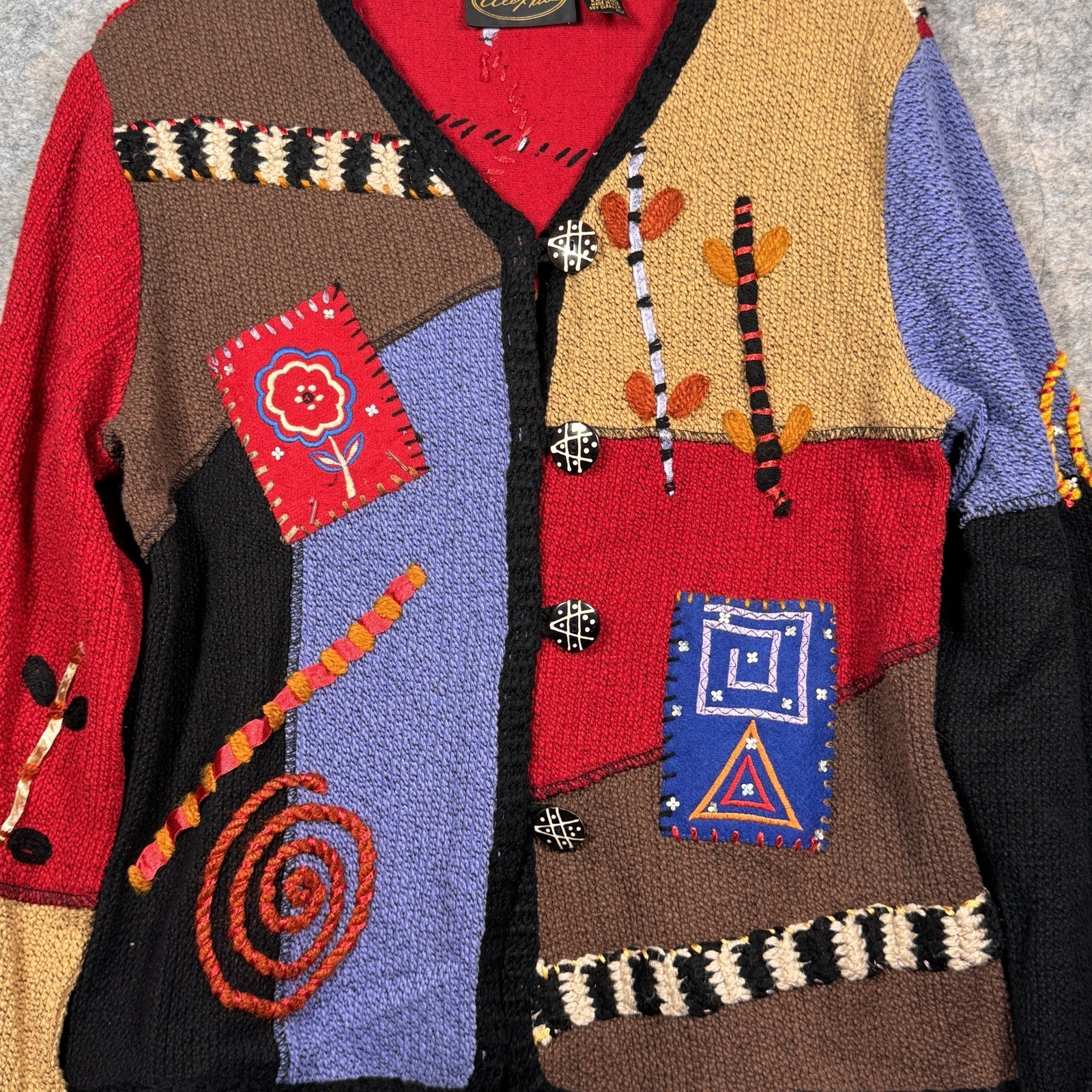 Vintage Alex Kim Knit Embroidered Cardigan Sweater Womens Size M 20×25 Patchwork