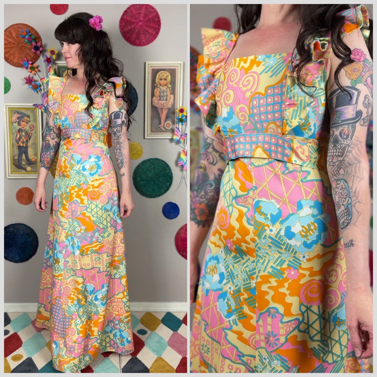 Vintage 1970s Pastel Psychedelic Sleeveless Ruffled Maxi Dress | XS – 32″ Bust
