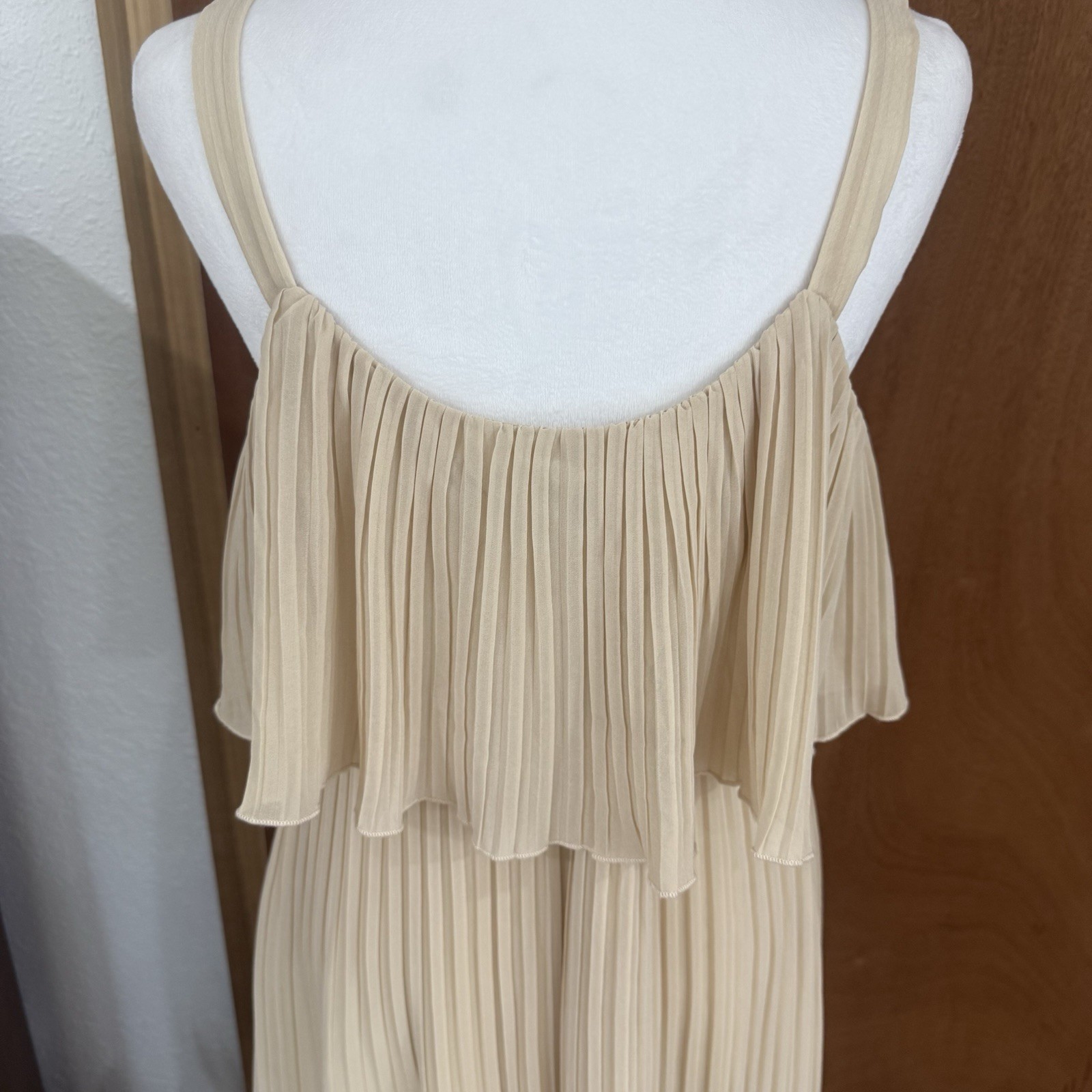 Vintage Nude Accordion-Pleated Chiffon Dress Sz 8 Wedding Guest Minimalist Chic