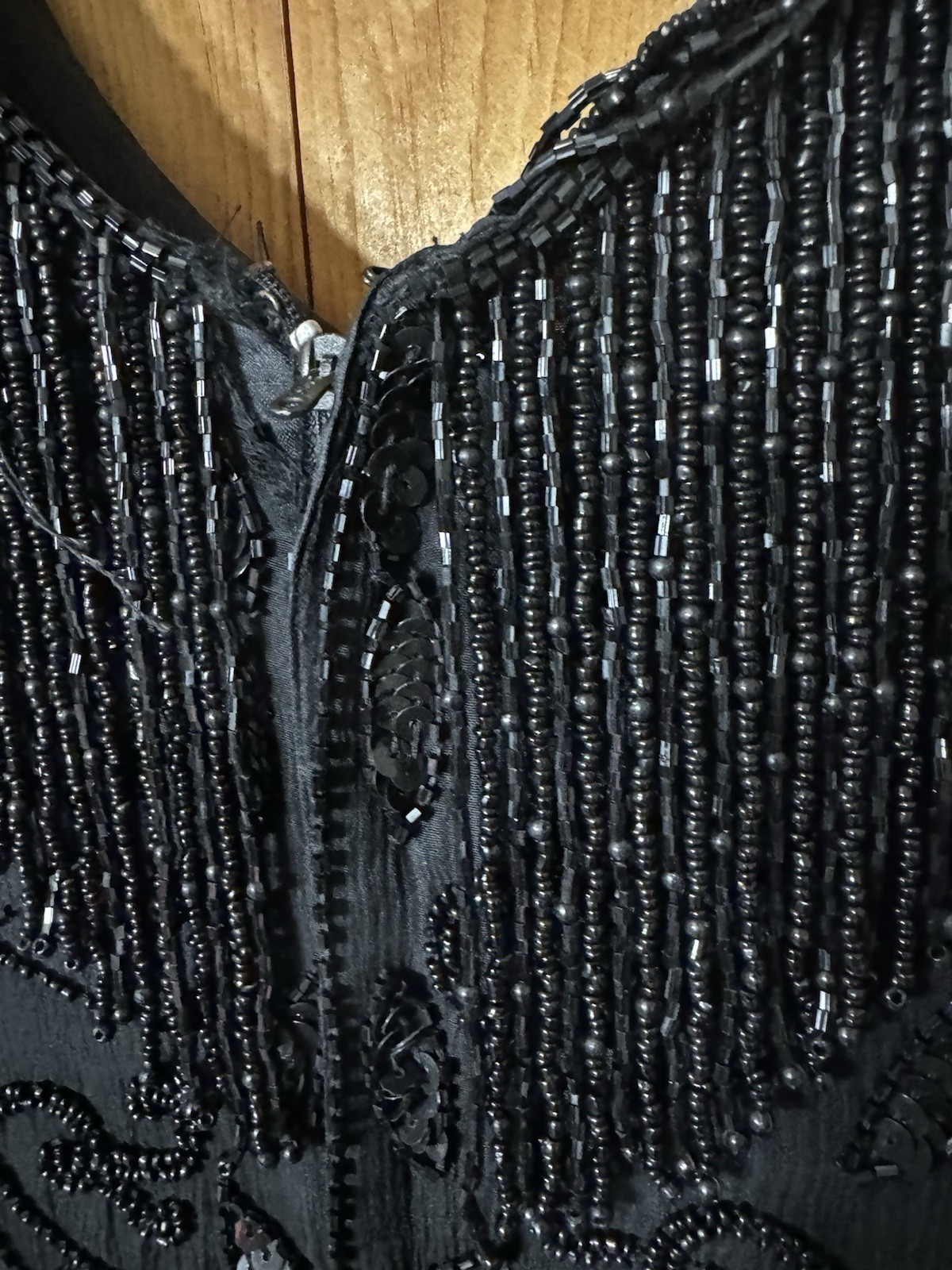 Mid 1990’s Black Tan Chho Sequinned & Beaded Dress with Fringe 2X BUST 44-48”