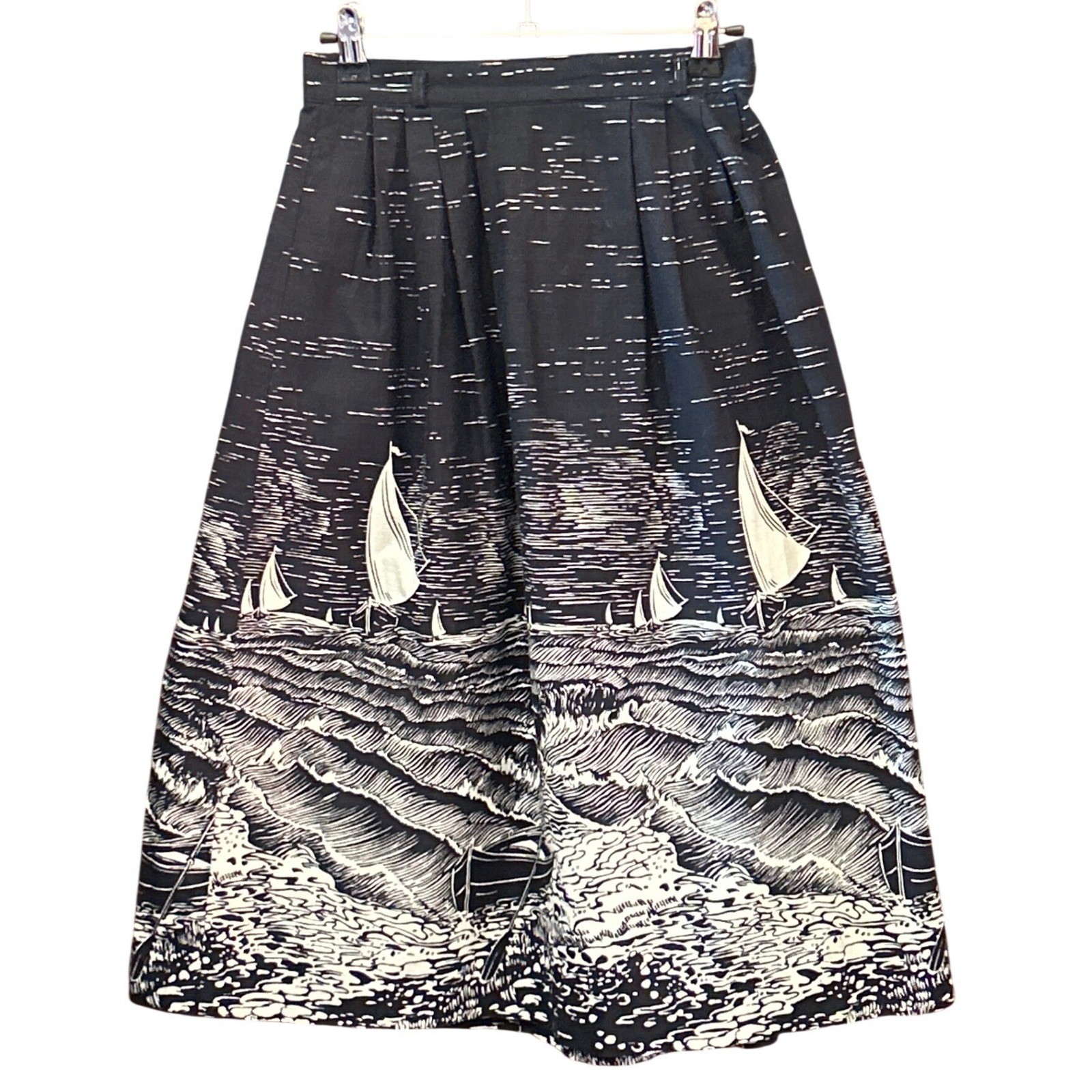 Vintage JCPenney Fashions Midi Skirt Nautical Coastal Sailboat Woodcut Print
