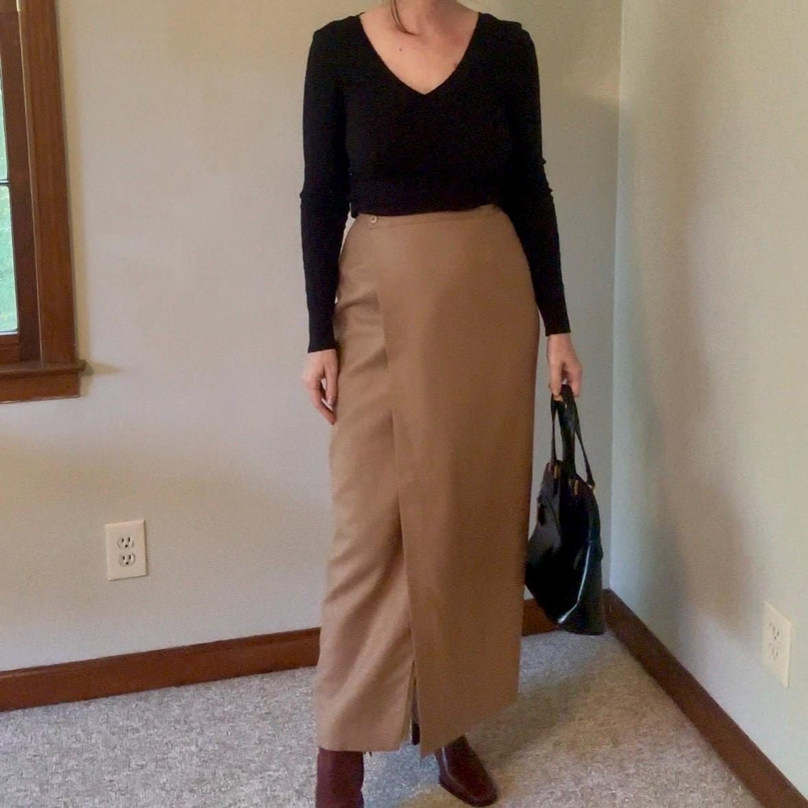 Vintage SISLEY Camel Italian Virgin Wool Wrap Maxi Skirt, 90s Minimalist, Size 6