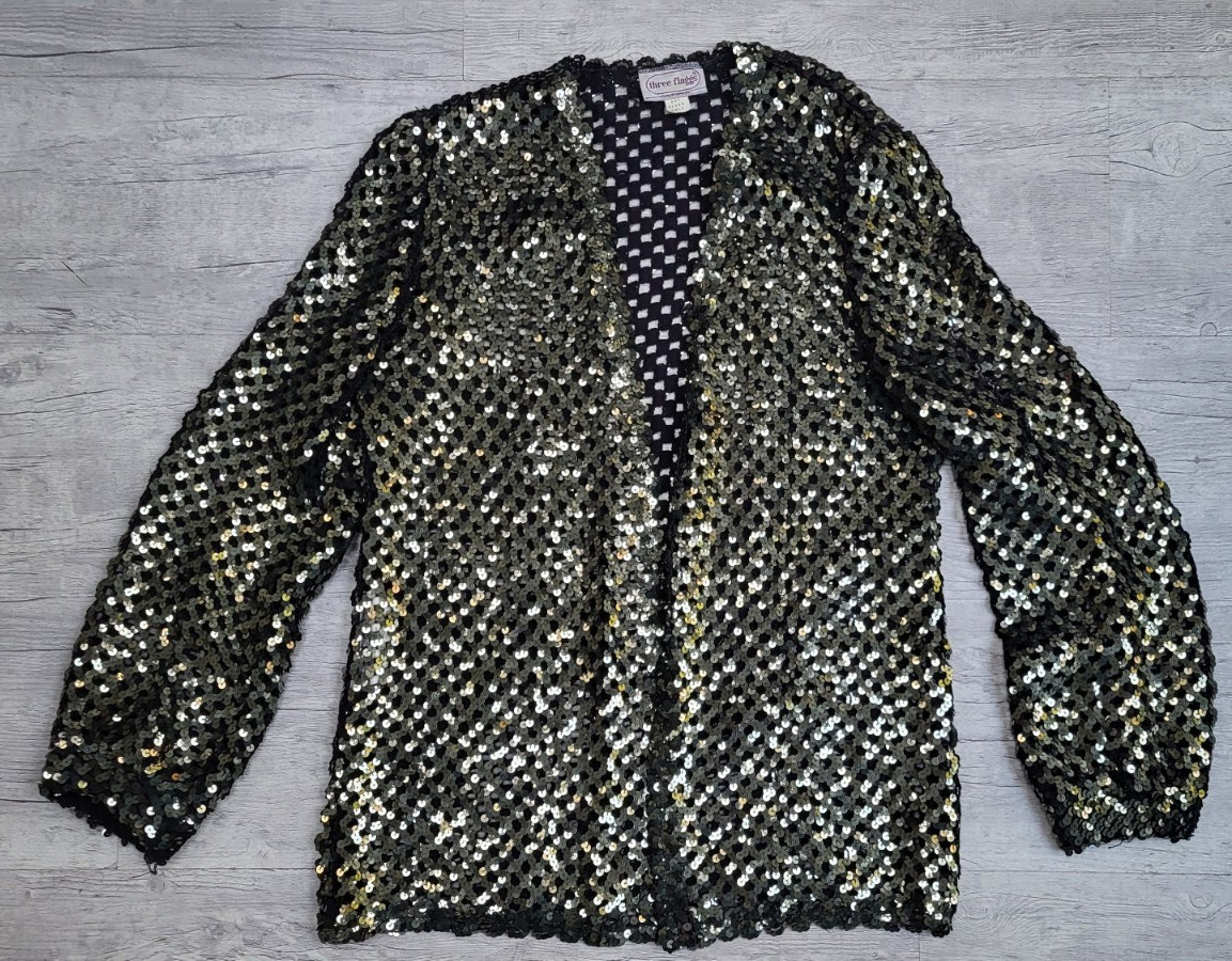 Vintage THREE FLAGGS California Black & Silver Sequined Cardigan Jacket – Size M