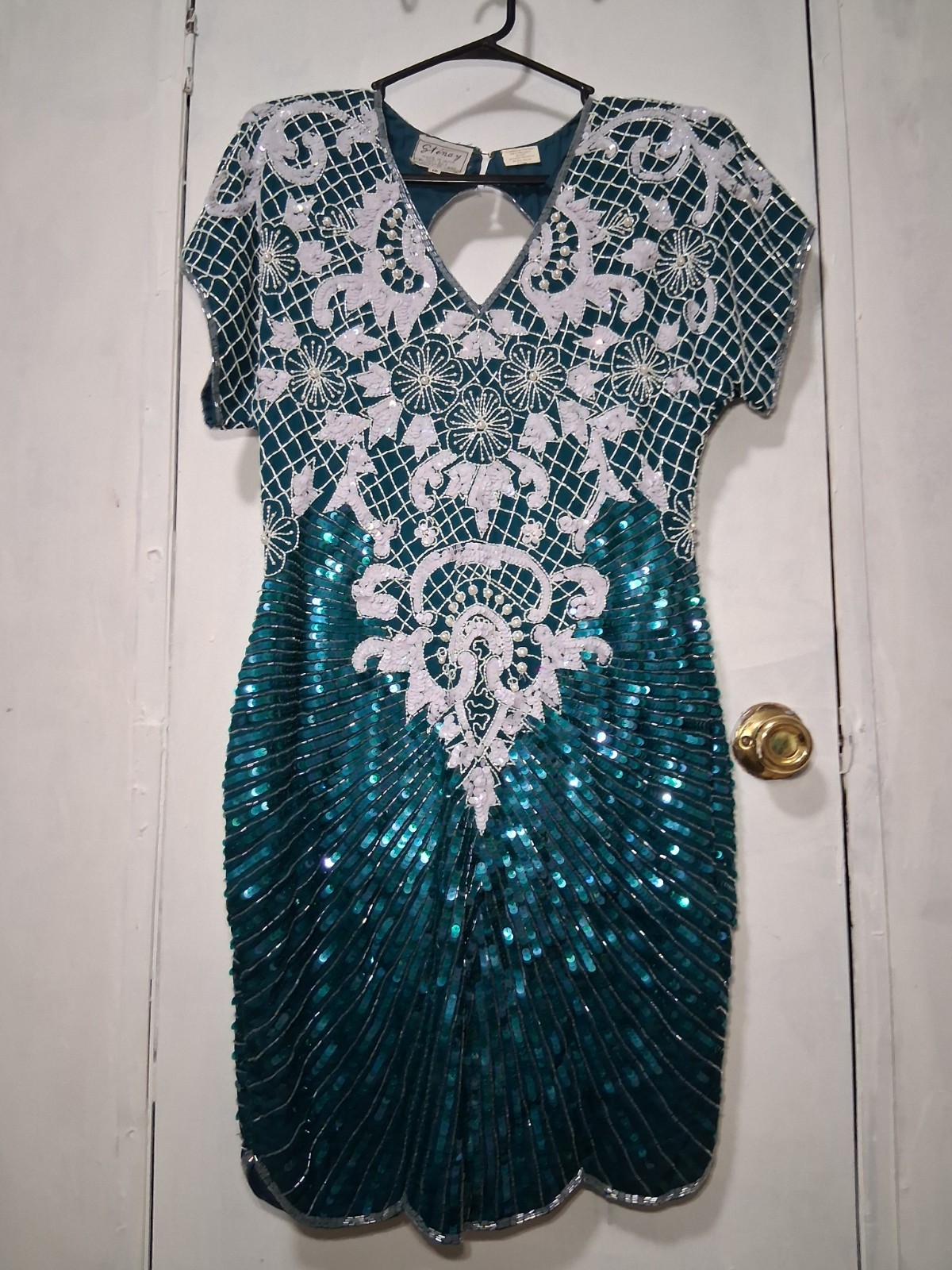 Vintage Stenay Teal Beaded Sequin Silk Party Evening Dinner Dress Size 10