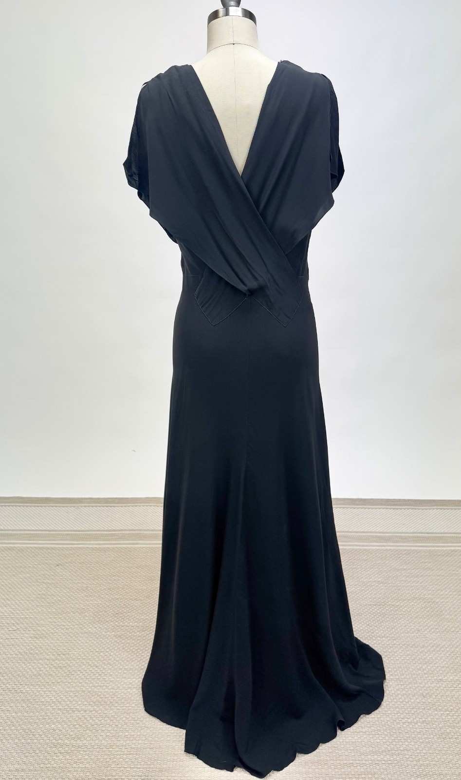 Antique 1920s 1930s Black Silk Gown Full Length Creme Velvet Flower Appliques
