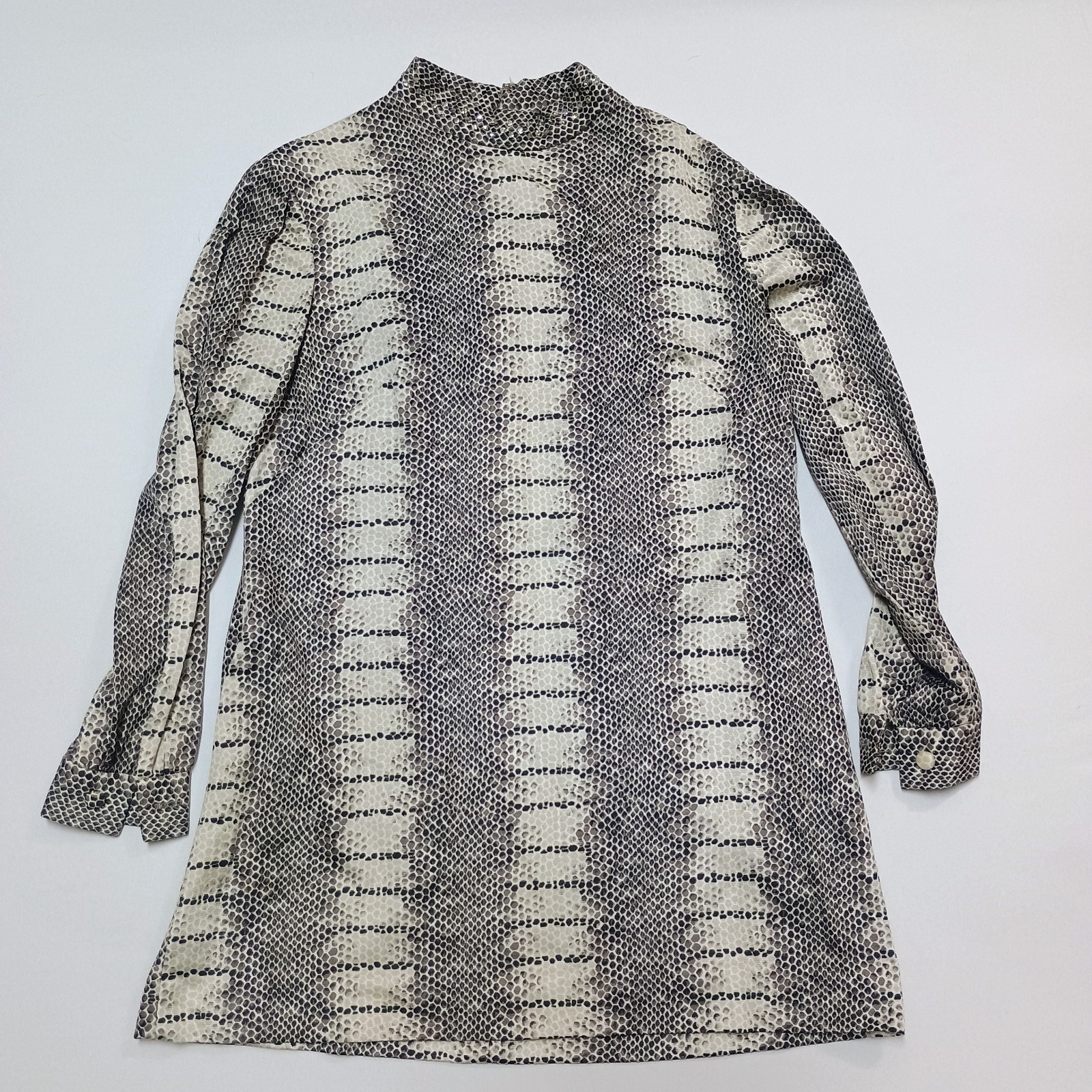 Vtg L’Aiglon Shift Mod Snake Print Rhinestone Mock Long Sleeve Dress
