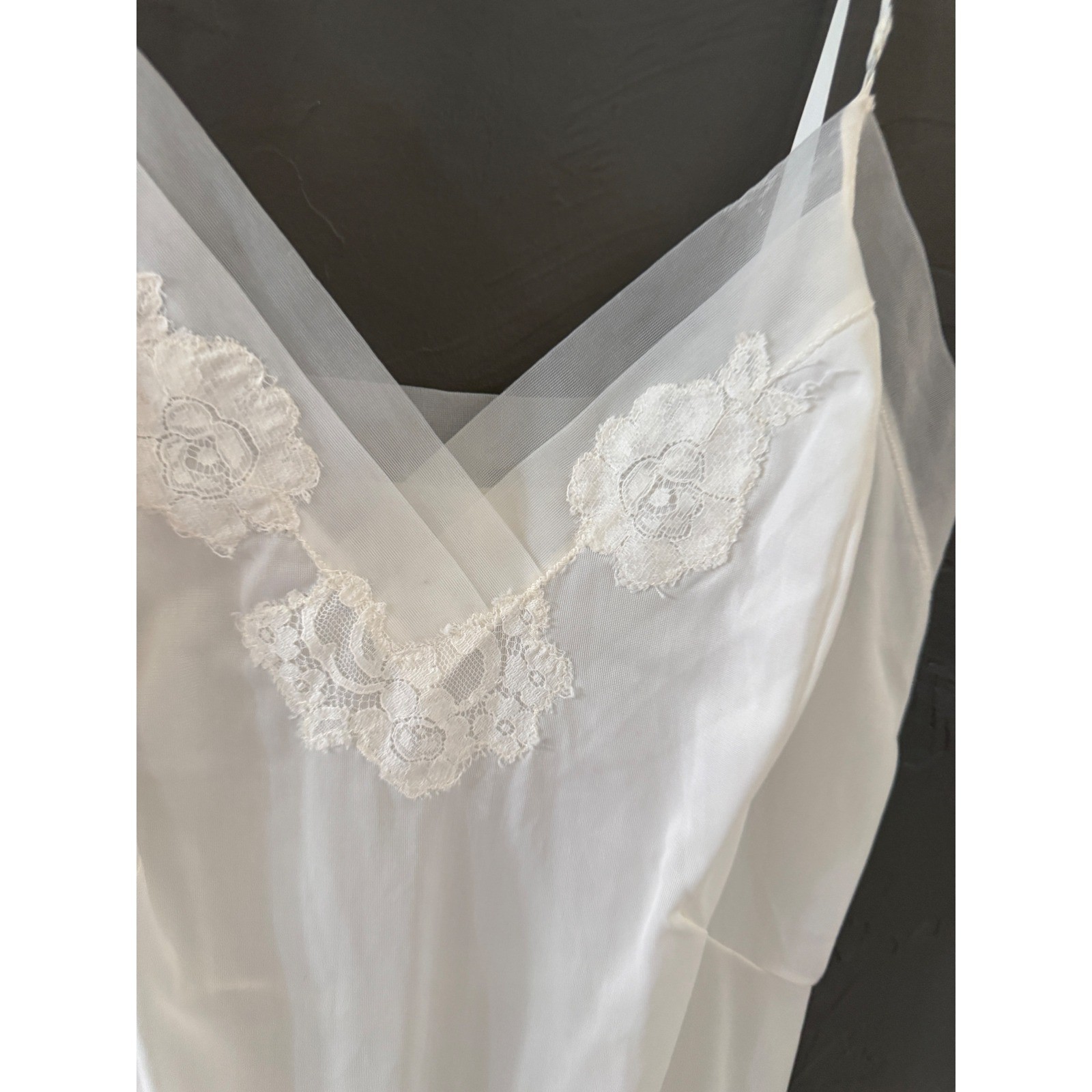 Vintage White Lace Trim Full Slip Dress Coquette Sheer Mesh V-Neck