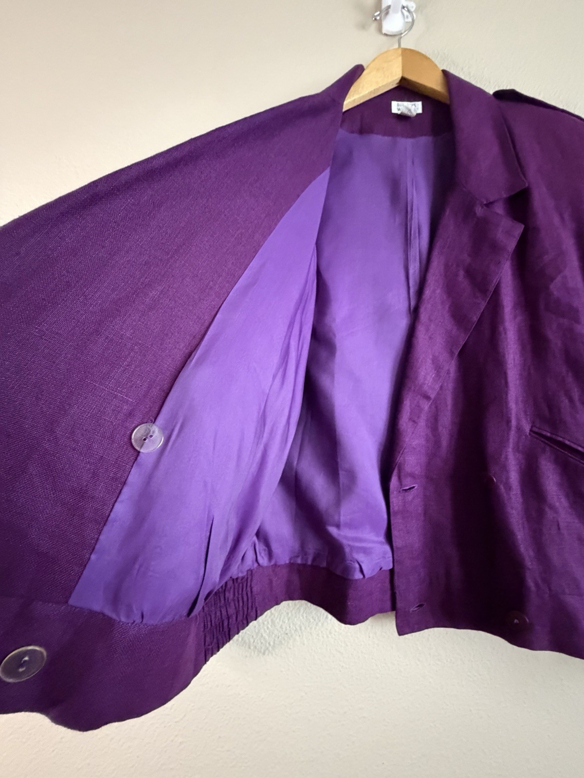 VTG 80s 90s BullocksWilshire Purple 100% Linen Pantsuit Set M 12 Power Suit Pads