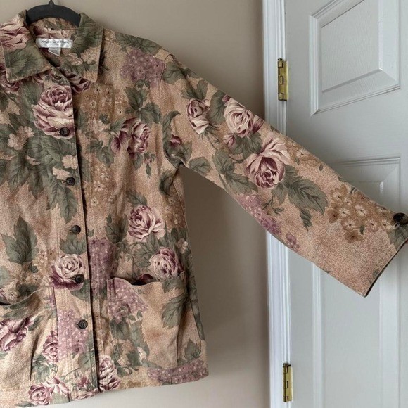 Vintage 90s Jones New York sport floral chore coat linen cotton tan pink
