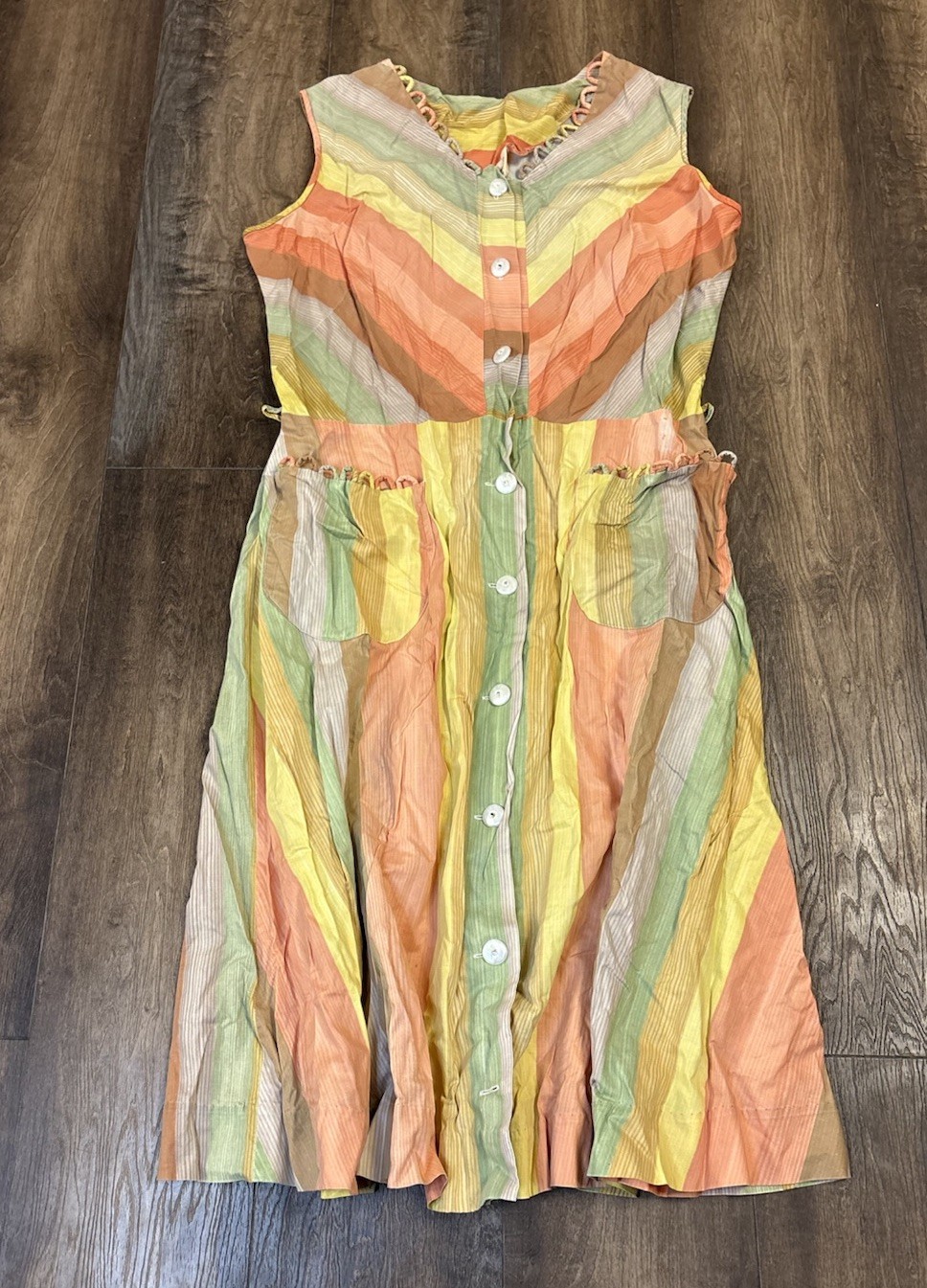 Vtg Penney’s Brentwood Striped Day Dress Women’s Medium Button Sleeveless 60s