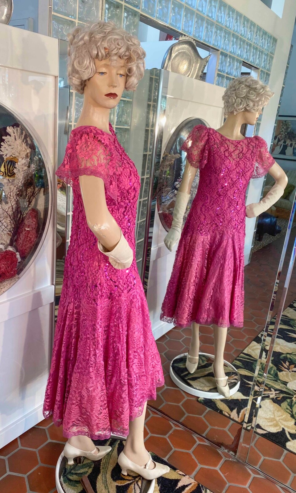 VTG 80s Shuet Young Dress Pink Lace Sequin Tea Party Evening sz M Flapper Style