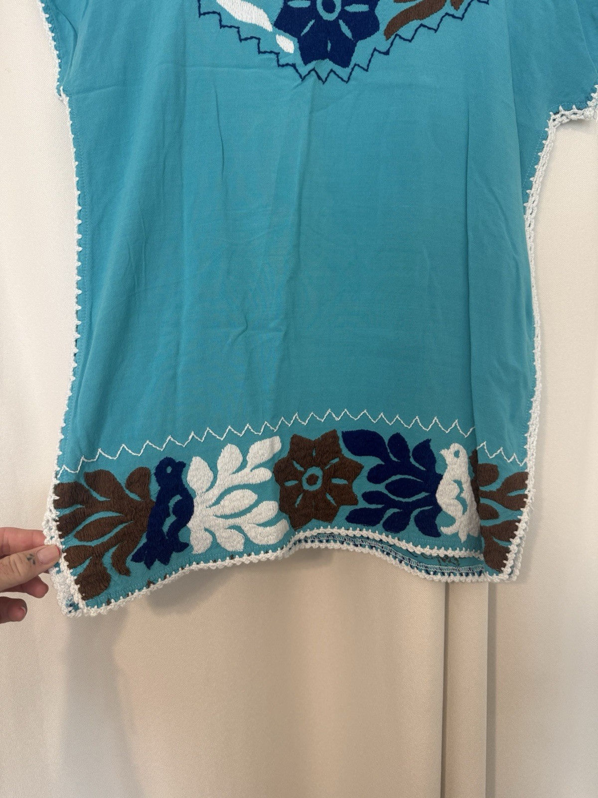 Silvia Suarez Traditional Textiles Embroidered Cap Sleeve Top in Blue Size XS/S