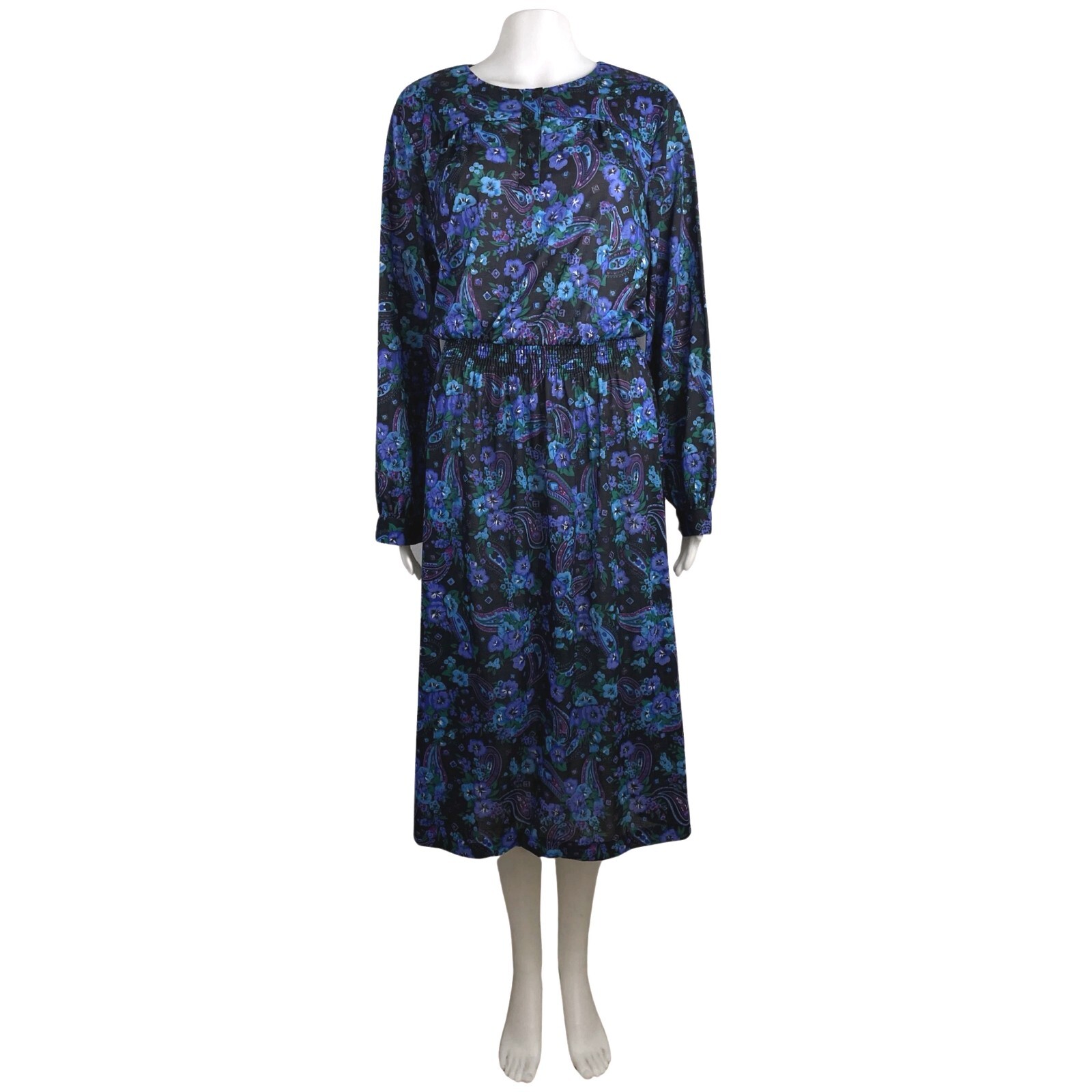 Vintage Floral & Paisley Dress Womens Size Medium 1970s Fine Knit A-Line Midi