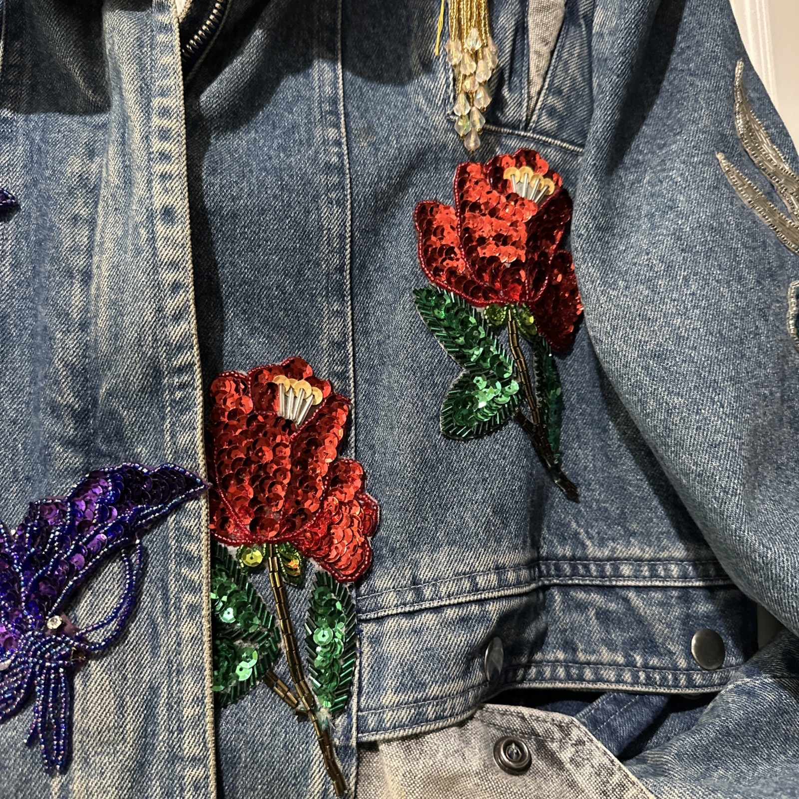Vtg Mod Maid Denim Jacket Texas Bluebonnet Beaded Gold Fringe Western Cowgirl L