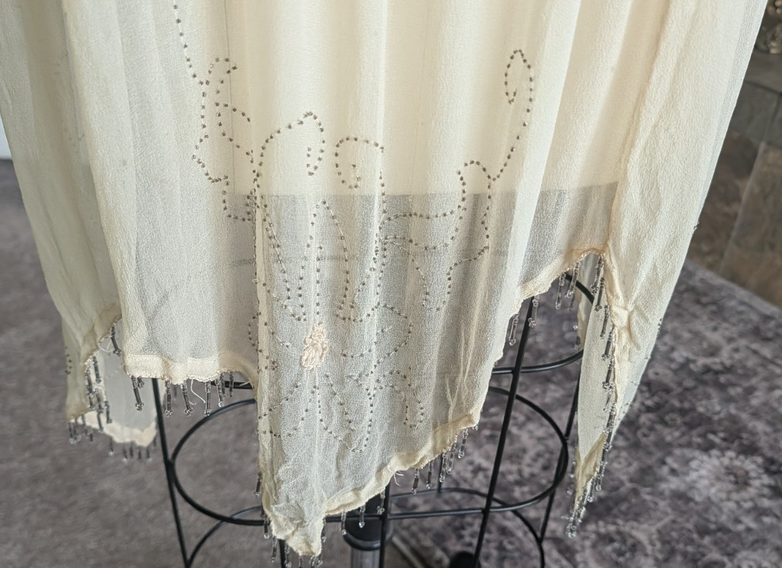 Antique 1920s silk beaded sheer dress beige flapper 40″ bust bead trim