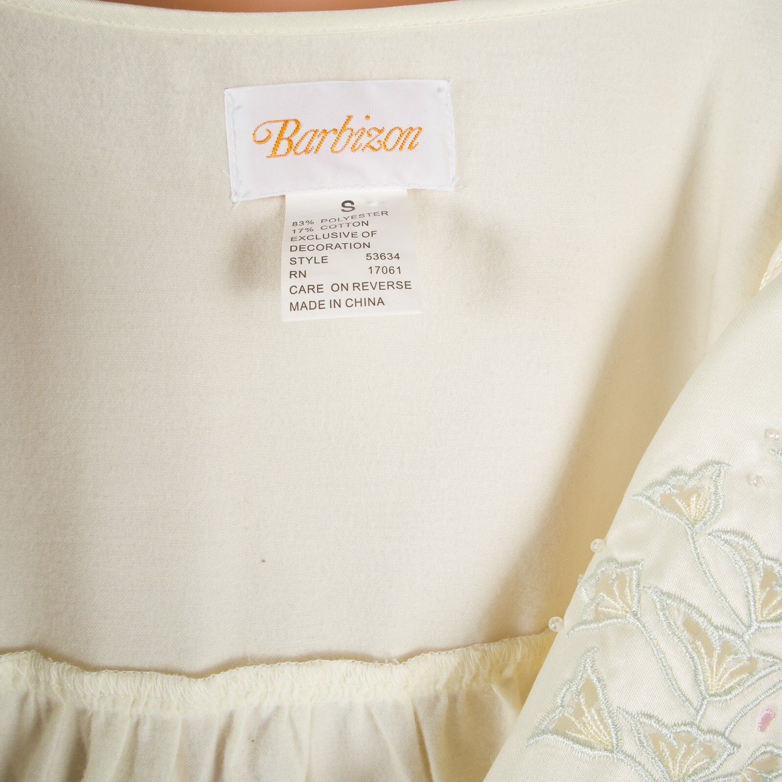 💖 BARBIZON Ivory Satin Nightgown Long Sleeve Cut-Out Embroidered Button Small