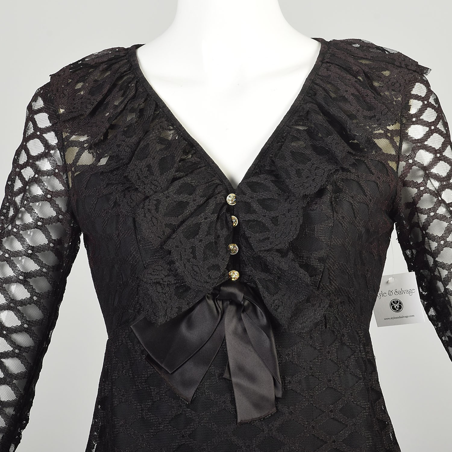 Medium 1970s Black Mini Dress Sheer Long Sleeve Ruffle Collar Cocktail Party LBD