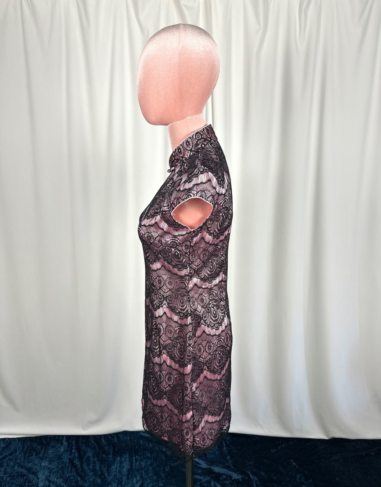 Vintage Lace Mandarin Collar Dress XS Pink Black Cocktail Party Beijing Purchase