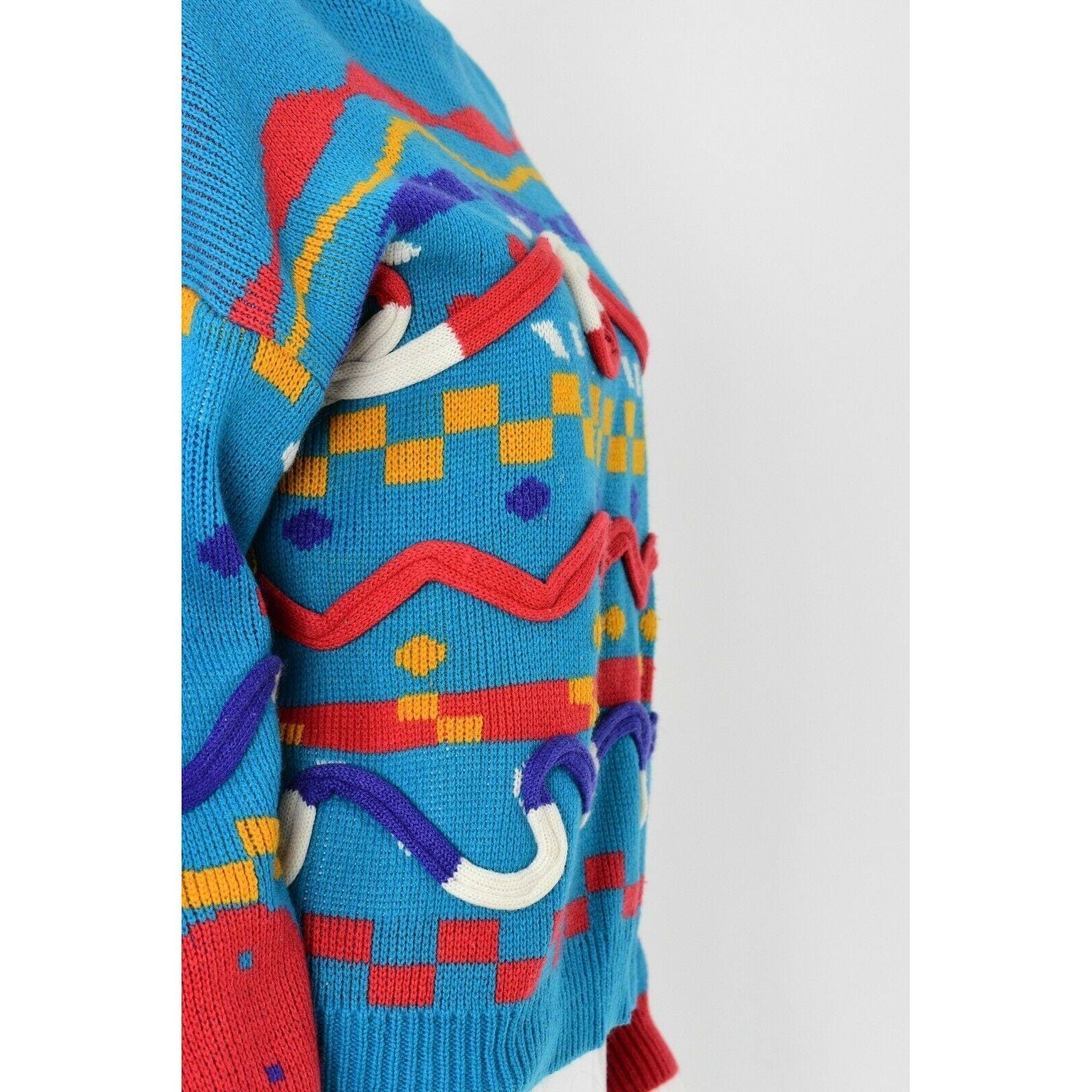 80s Vintage Graphic Oversized Sweatshirt Womens L Blue Novelty 3D Squiggle Knit