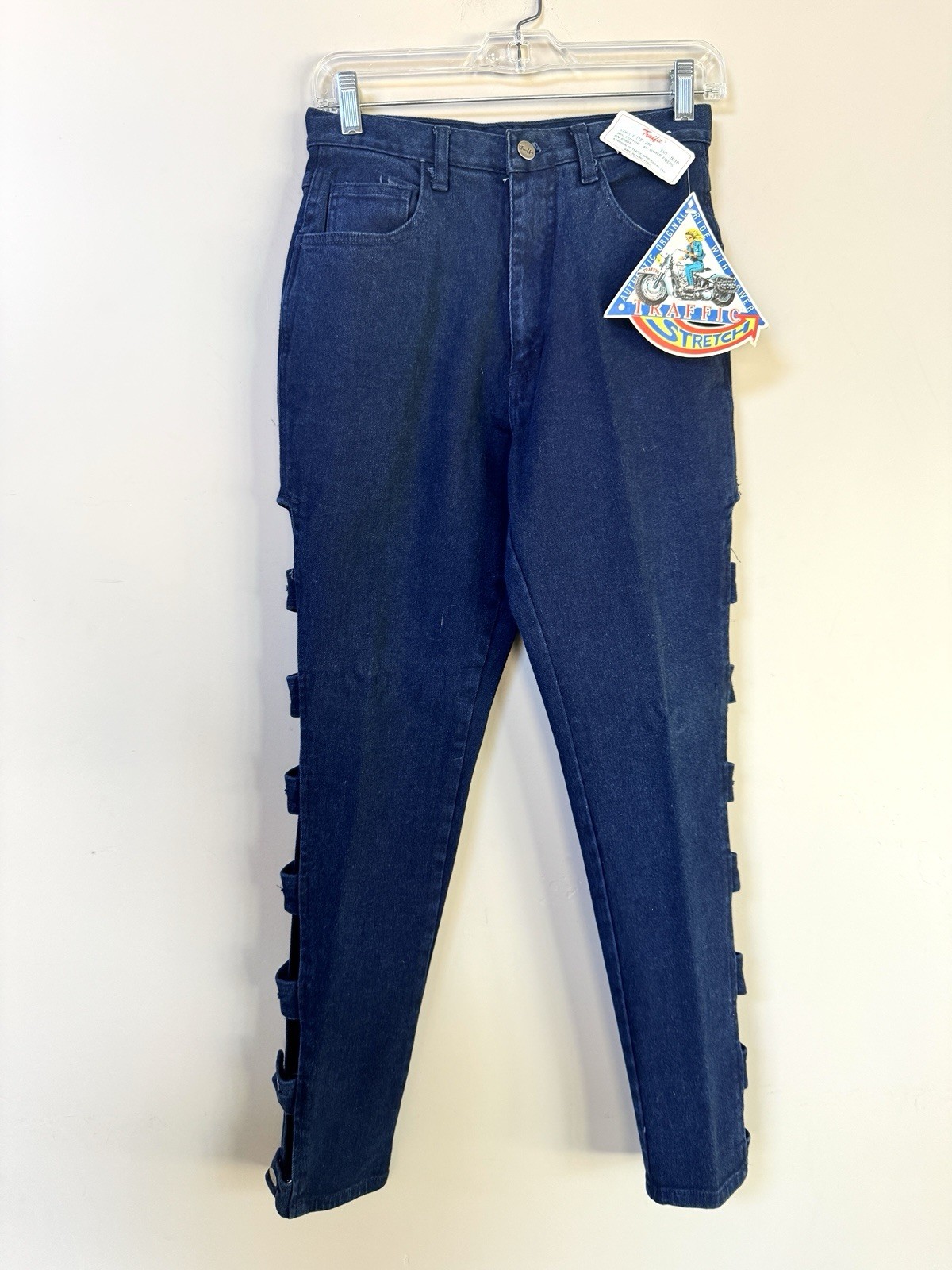 NWT 1980s VTG TRAFFIC Cutout Ladder Strap Rock Band Chick Dark Blue Jeans 9/10