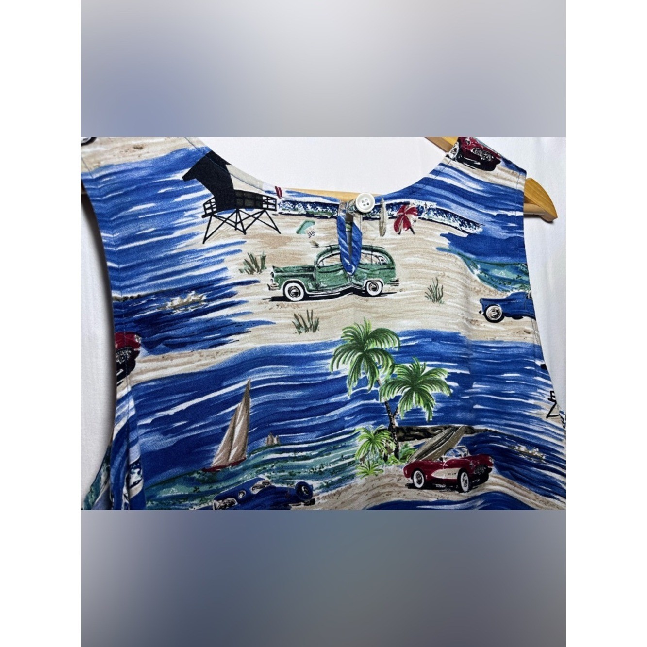Vintage Weekend Clothes Line Beach Print Mini Dress XL Coastal Retro Vacation