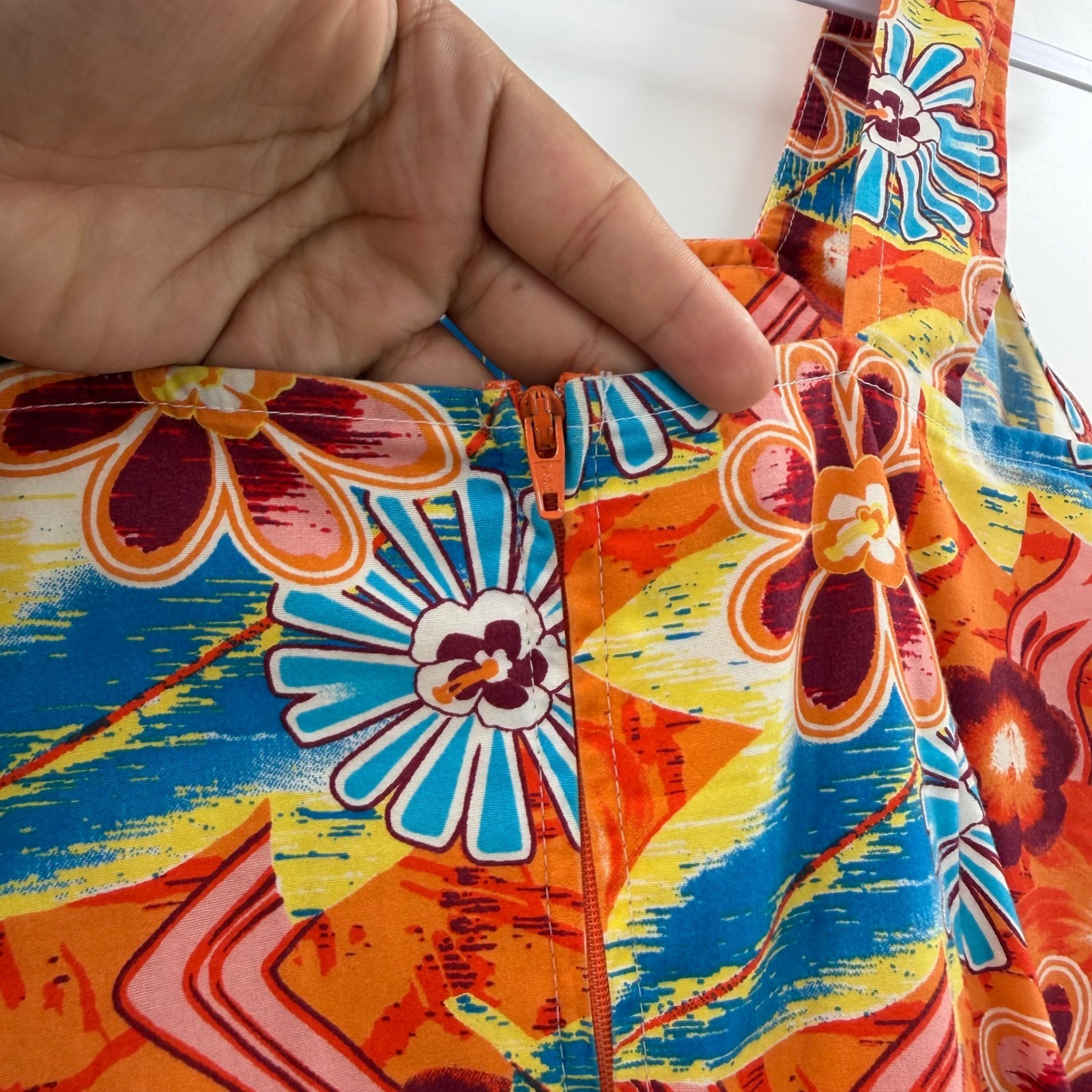 Sideout Vintage Y2K Floral Mini Dress Orange Cotton Tropical Sleeveless Size 7
