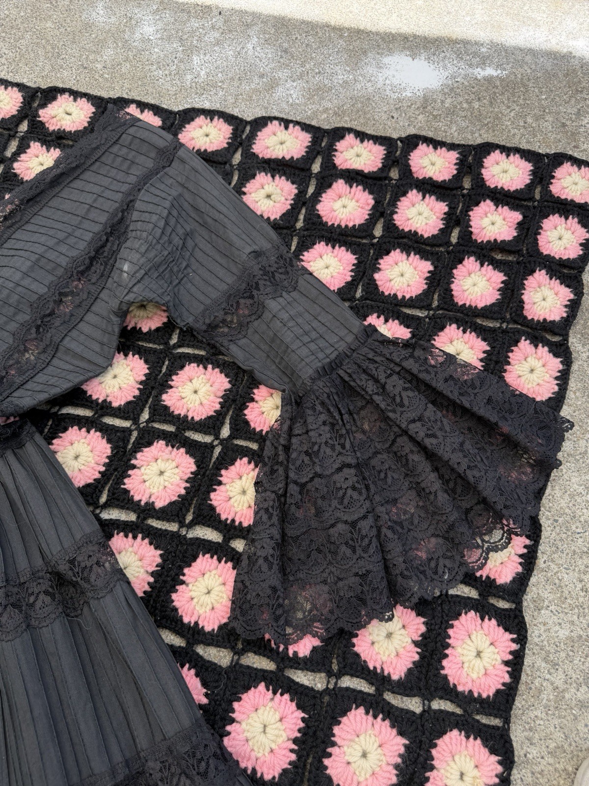 60s/70s Black Cotton Lace Maxi Dress Victorian Prairie Gothic Romantic Vintage