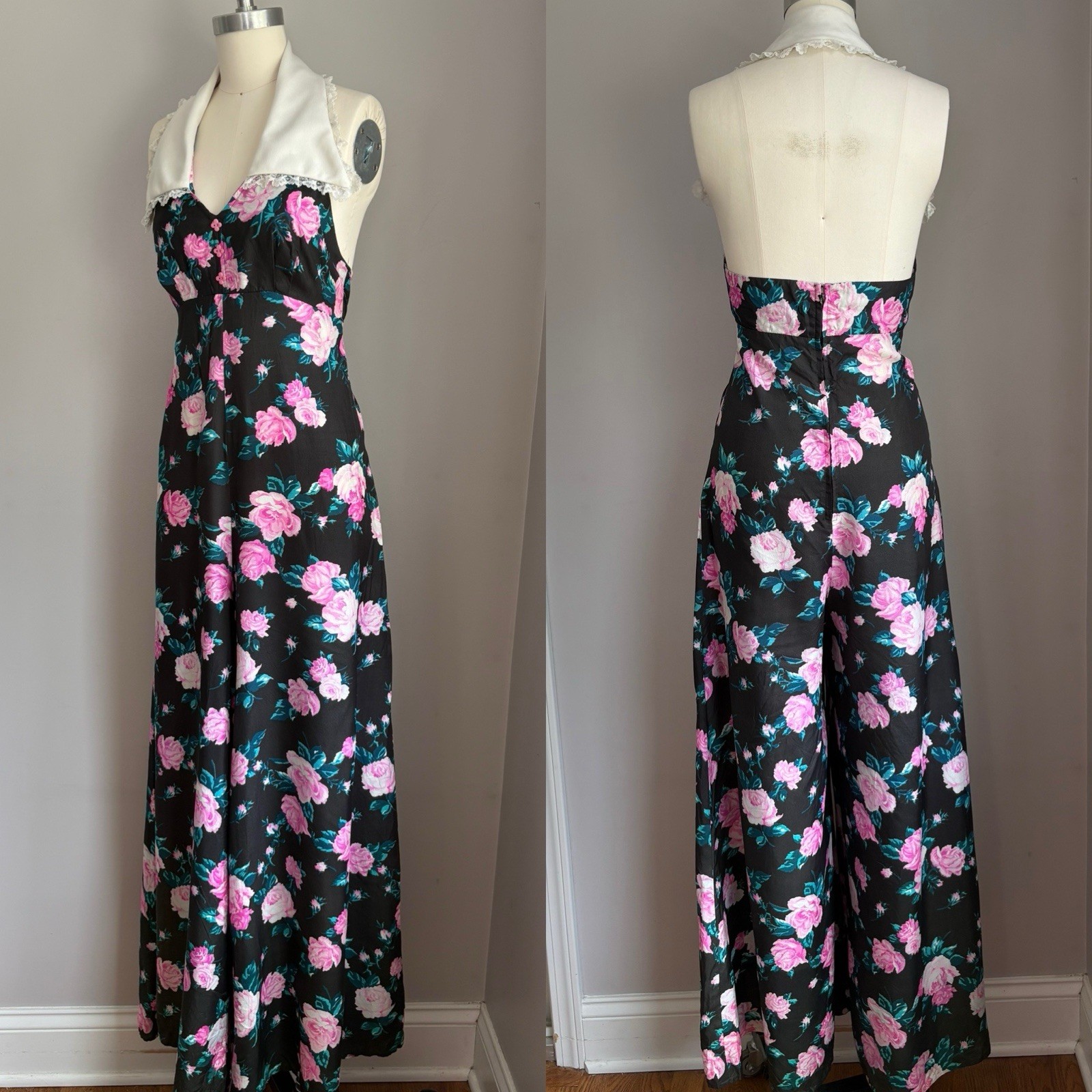 Vintage 70s Backless Halter Style Roses Palazzo Pants Bellbottoms Jumpsuit XS/S