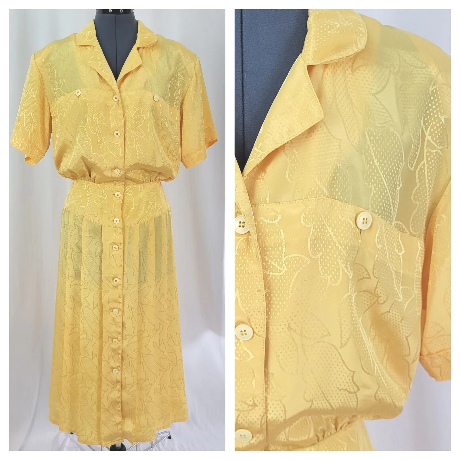 Vintage Michelle Stuart Yellow on Yellow Patterned Shirt Dress Size 7/8